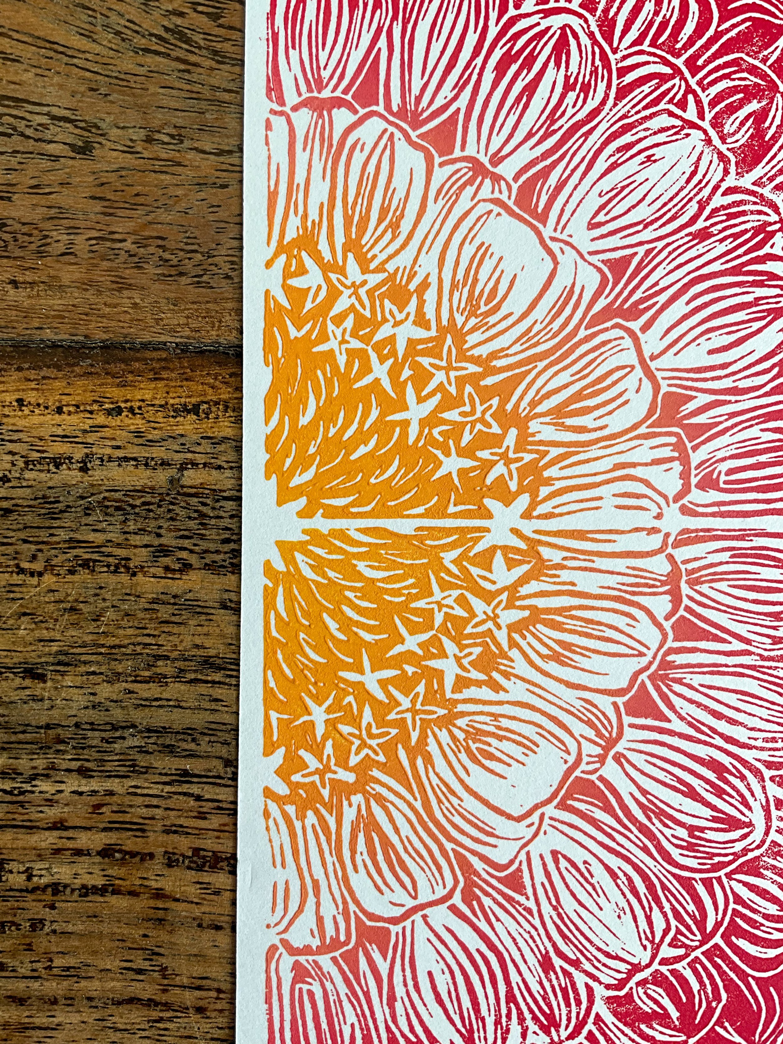 Close up of texture of ink at the centre of the zinnia flower print