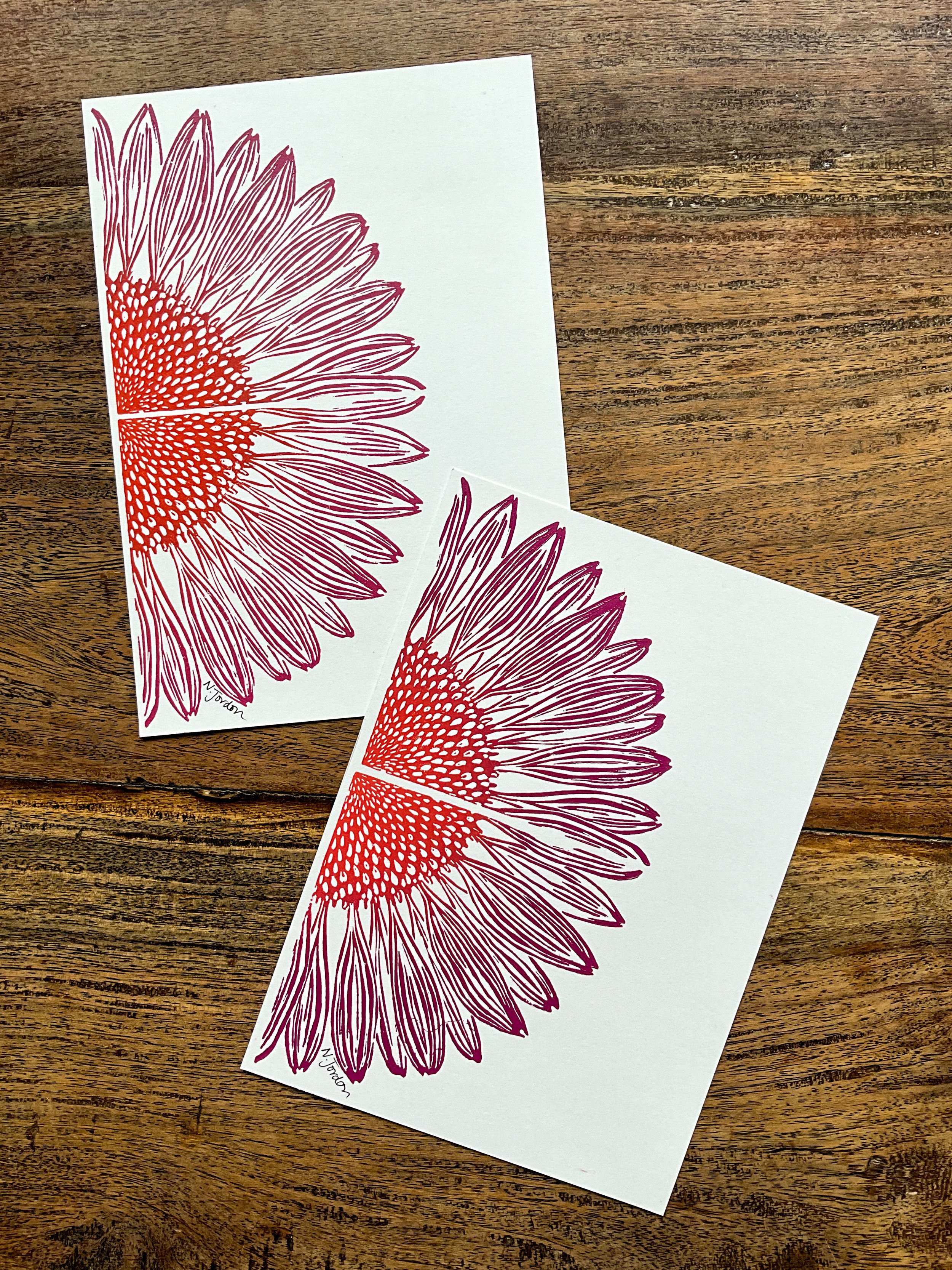 Two half coneflower prints, printed in ombré from orange at centre of flower to purple petals