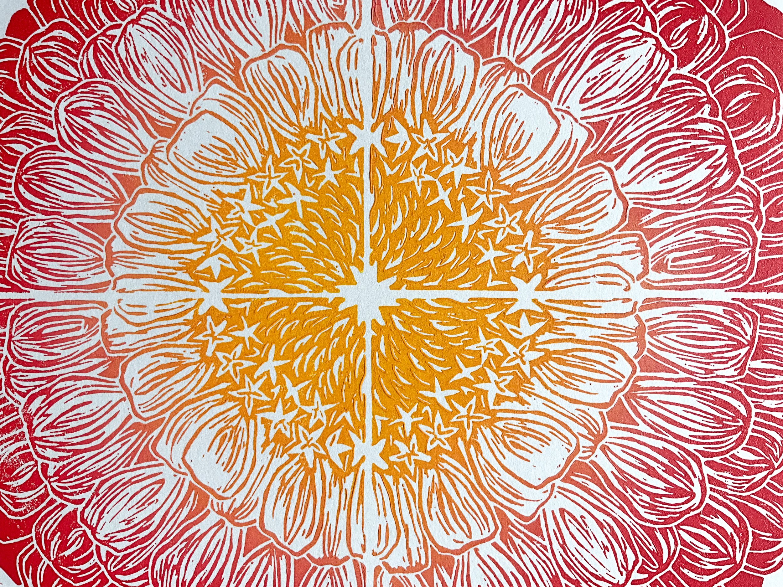 Close up of centre of zinnia print, showing ink texture and details