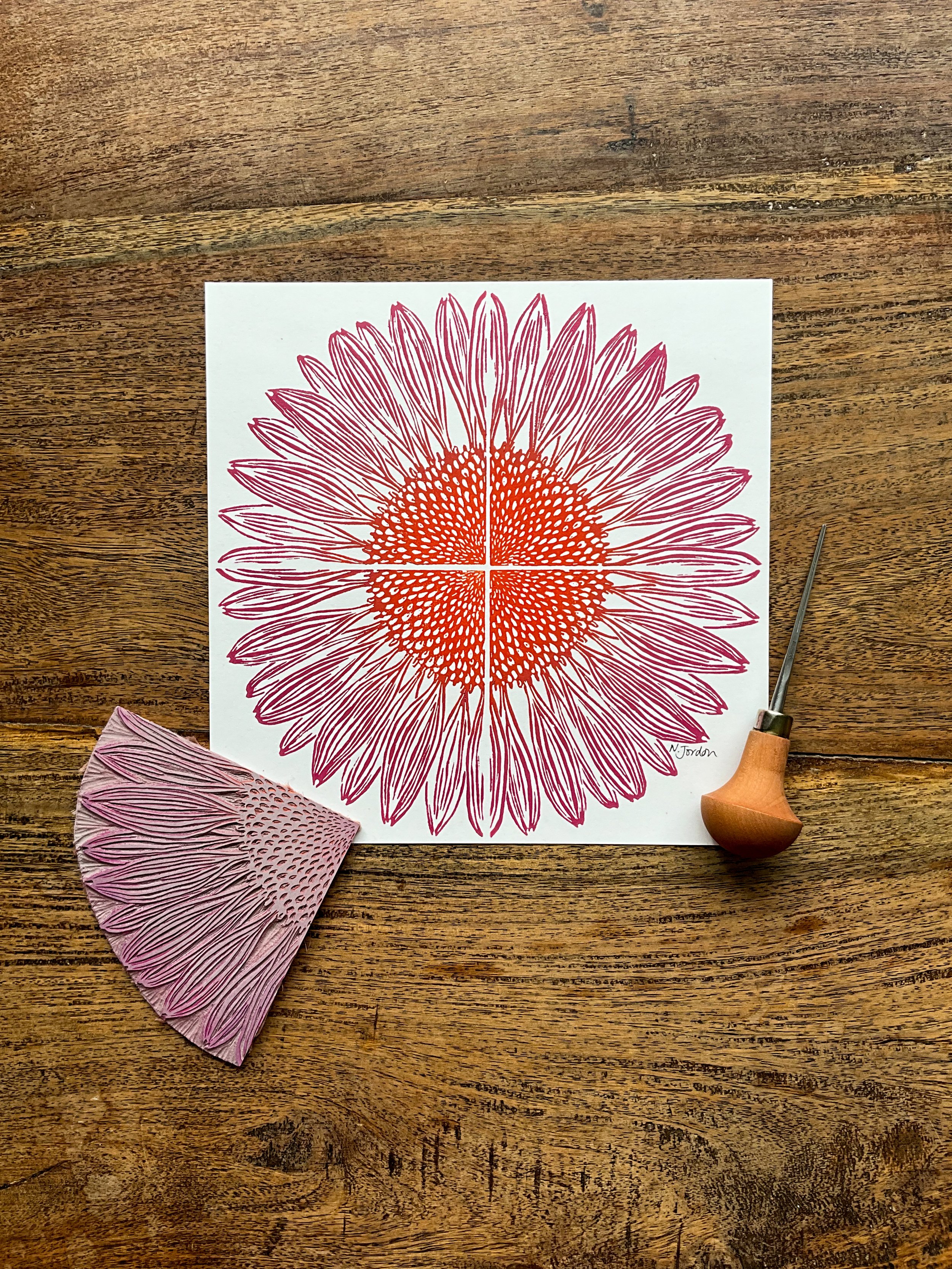 Single full coneflower linocut print, printed with lighter purple petals and an orange centre