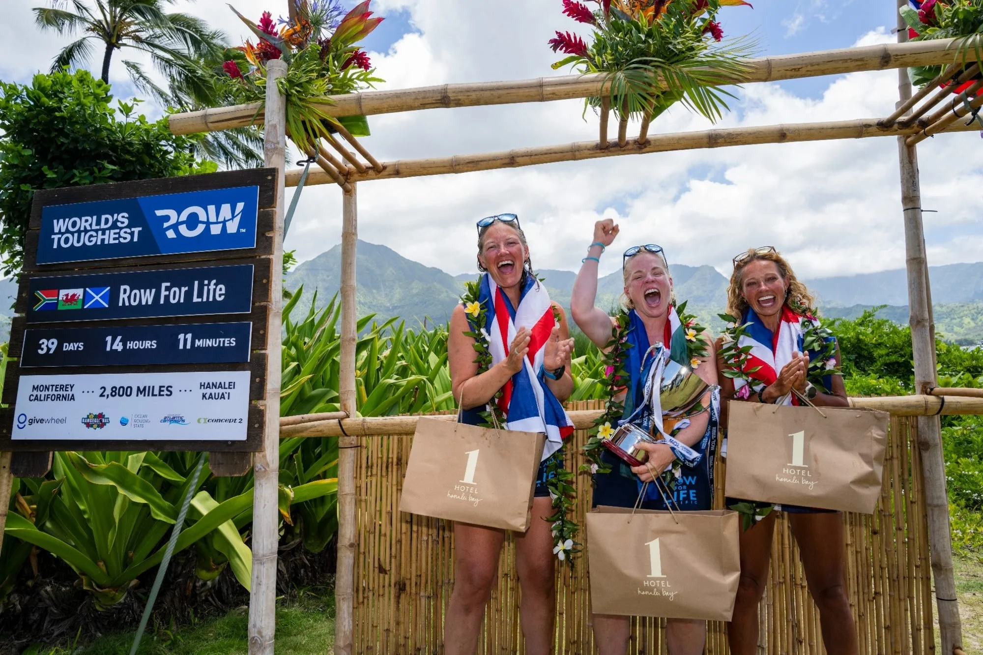 Felicity Ashley and her Row For Life teammates celebrating their victory in the women's race of the World's Toughest Row Mid-Pacific 2026 in Kaua'i, Hawaii.