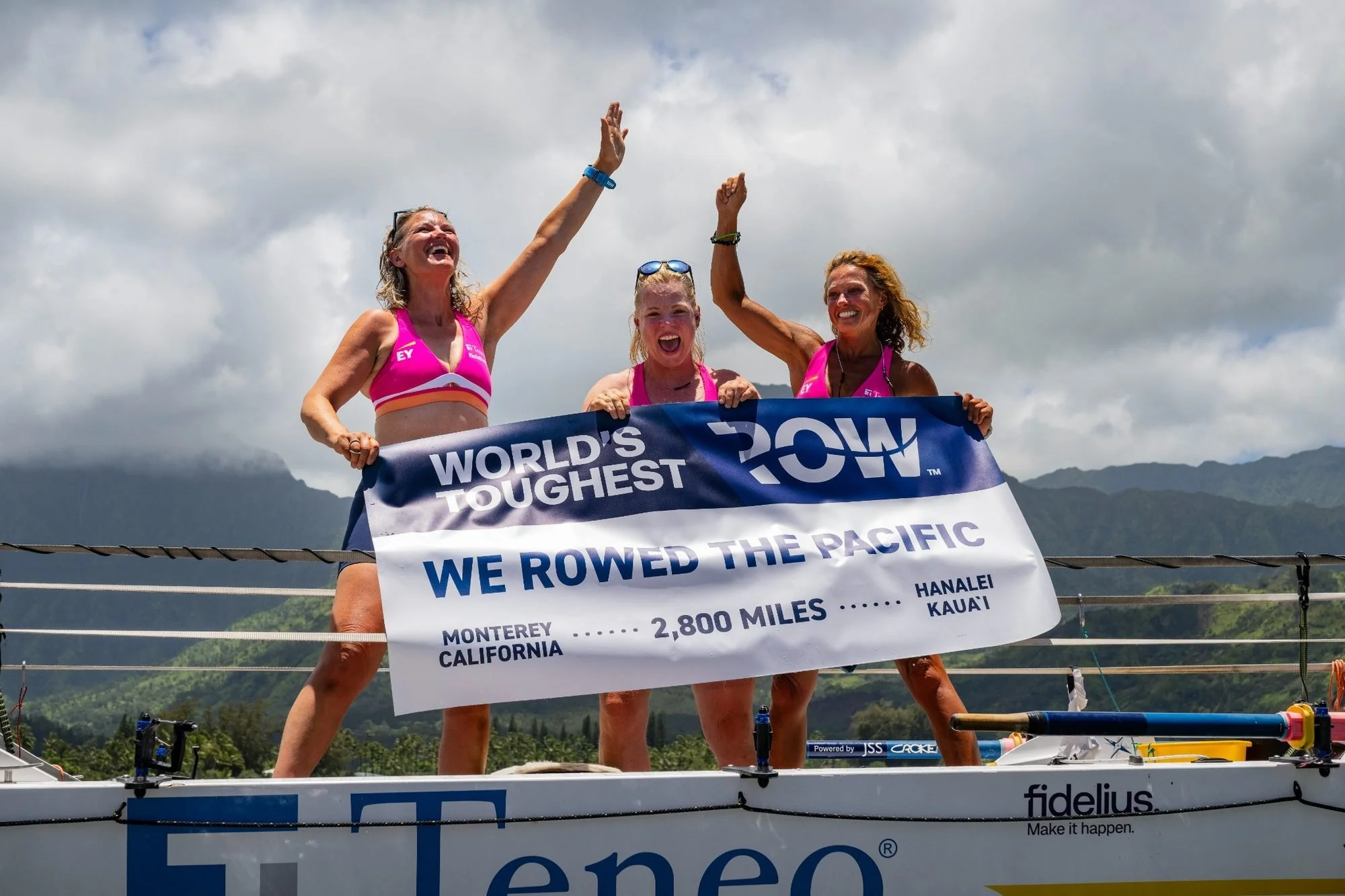 Felicity Ashley and the winning Row For Life crew celebrating their 2,800-mile Pacific crossing in 39 days, 14 hours and 11 minutes.