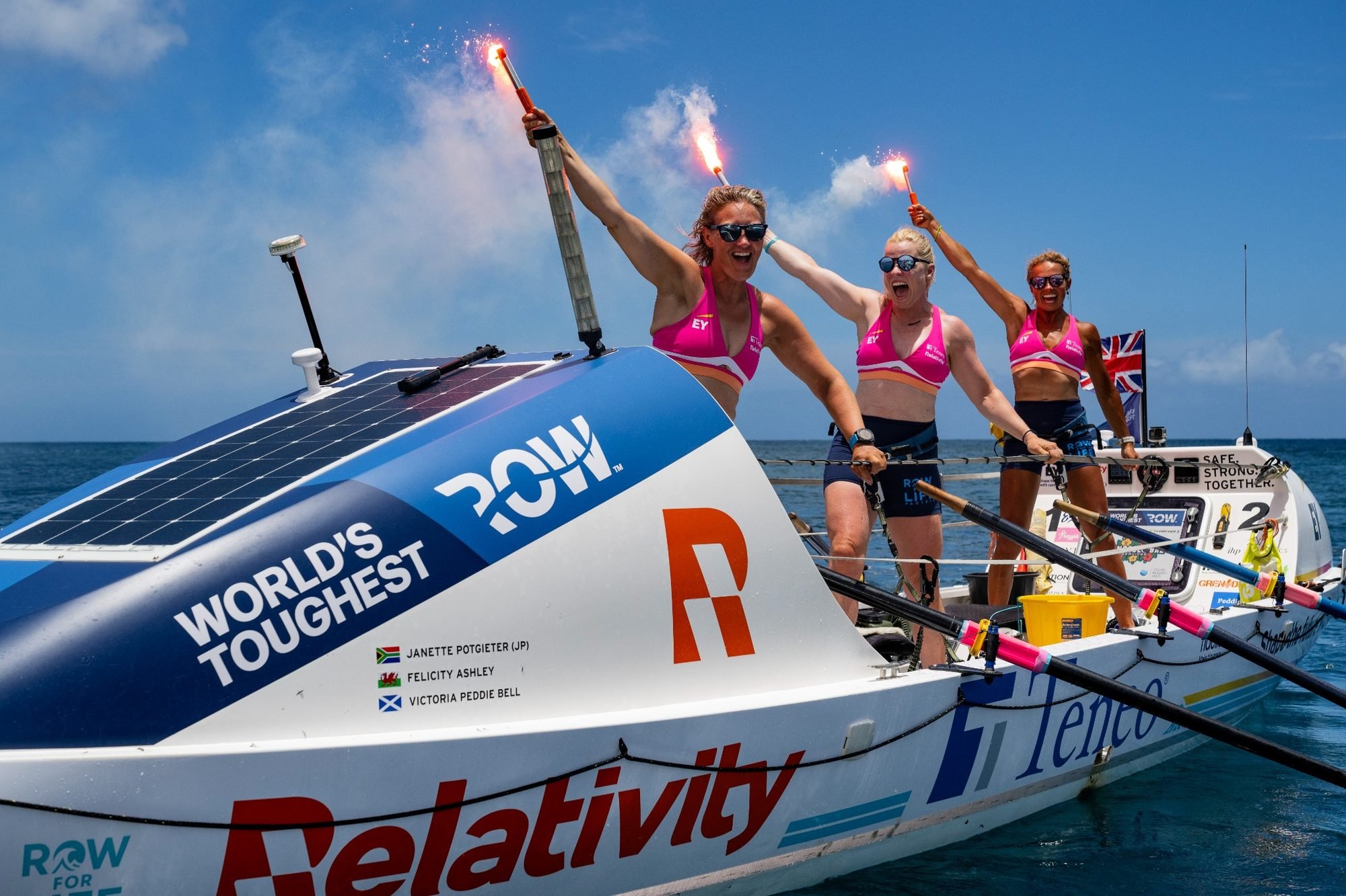 Felicity Ashley and her teammates celebrating their victory in the women's race at the World's Toughest Row Pacific 2026.