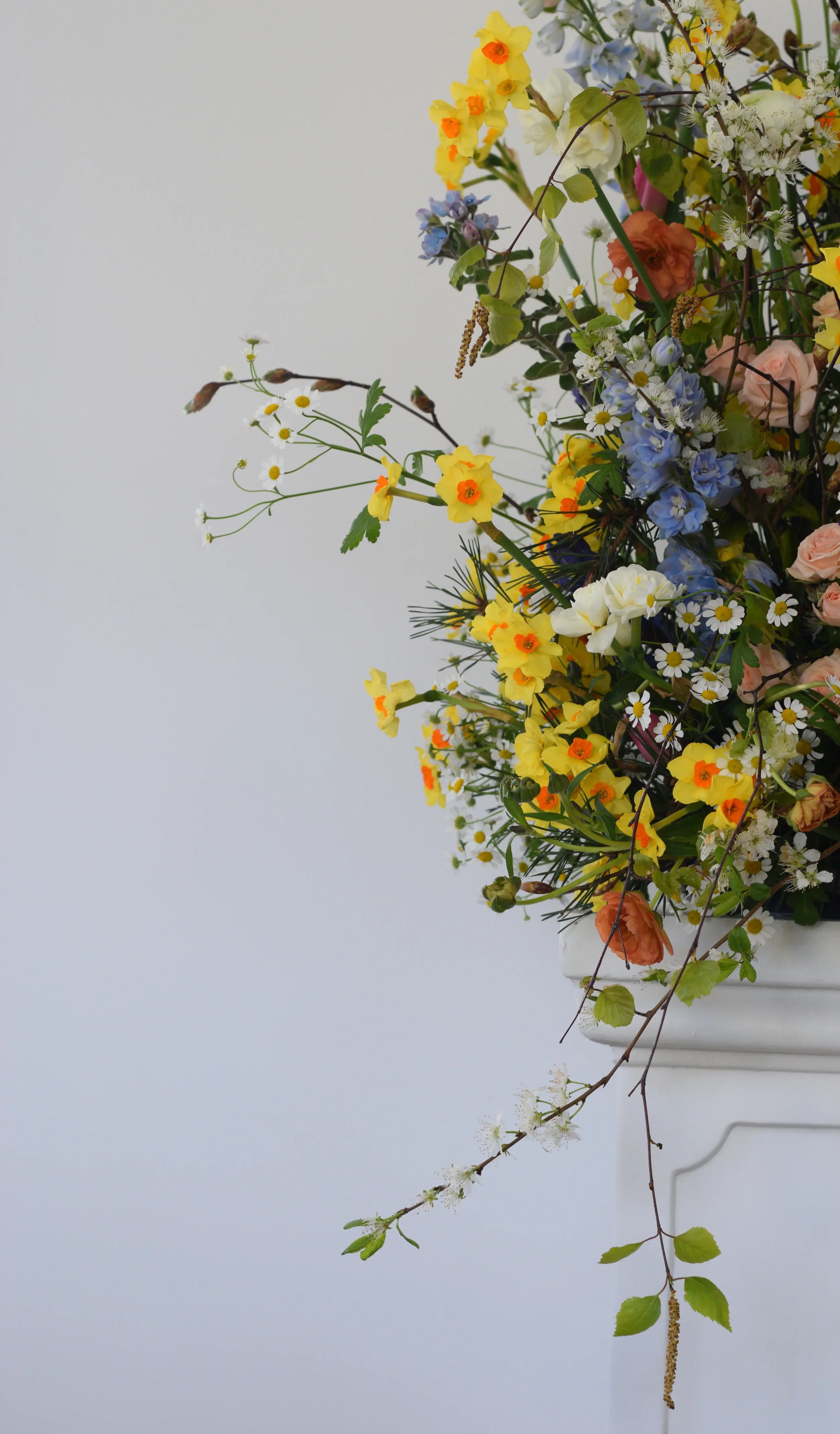 Arrangement of mixed flowers including daisies, yellow, orange, pink, and blue blossoms in a white vase against a plain white background.