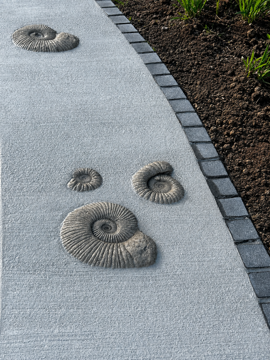 A concrete sidewalk with decorative fossil imprints of ammonite shells along the edge, bordered by dark bricks and a garden bed with green plants.