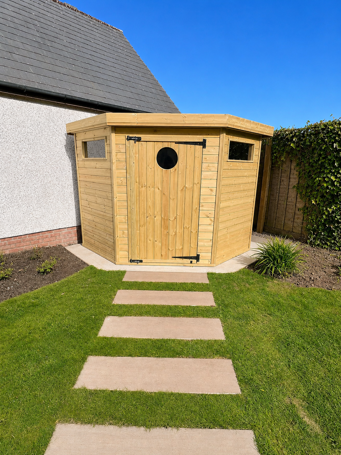 A small wooden garden shed with a circular window and a door, situated in a backyard with a paved pathway leading up to it, grass on either side, and some plants and bushes nearby under a clear blue sky.