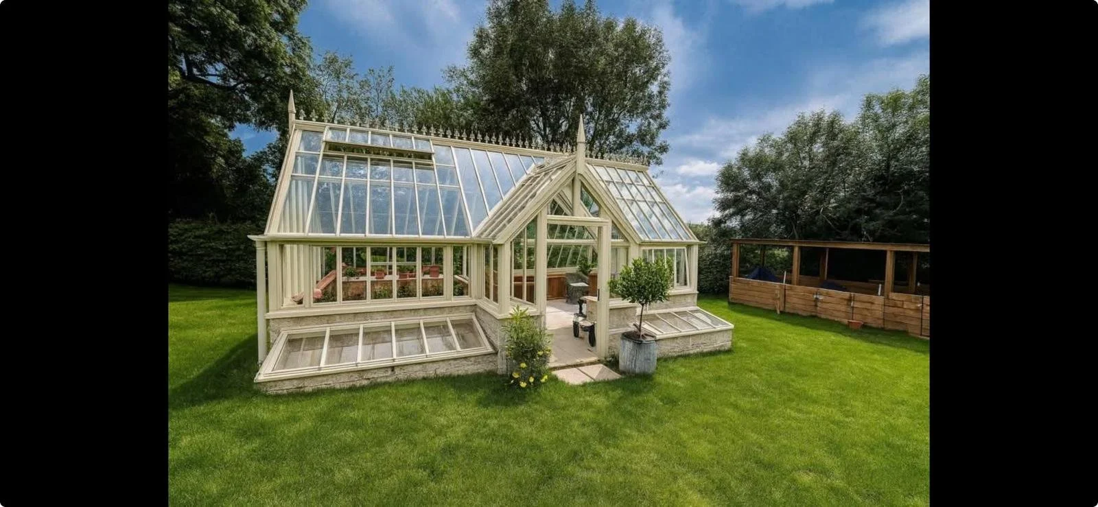 A glass greenhouse with a cream-colored frame on a green lawn, with potted plants and trees around, and a wooden structure in the background under a partly cloudy sky.