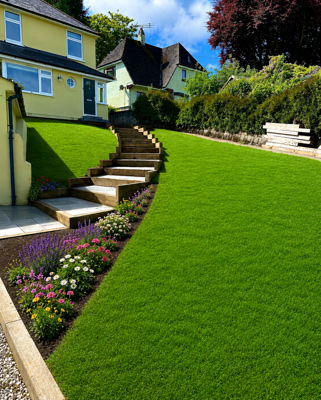 A backyard with a green lawn, colorful flower bed along the edge, wooden stairs leading up to houses, and a clear blue sky.