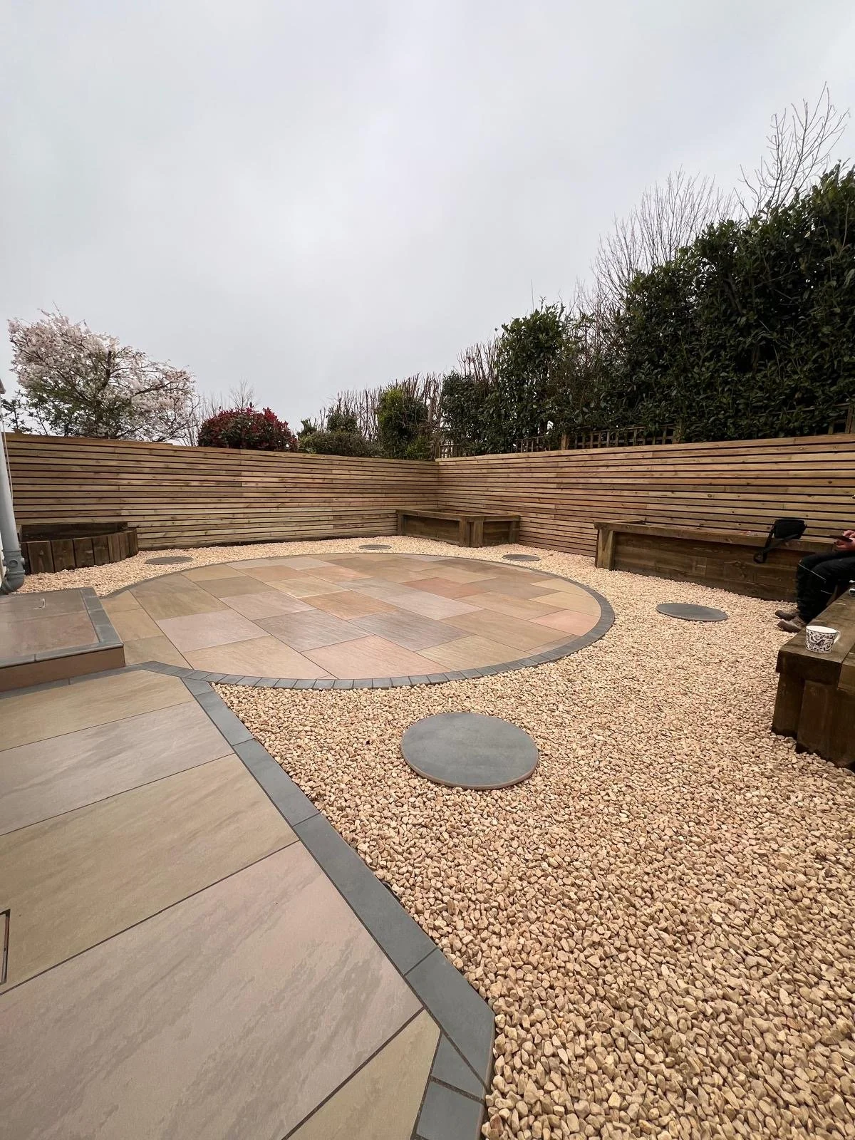 A backyard with a circular paved area, wooden benches along the fence, gravel ground, some round stepping stones, a wooden fence, trees in the background, and a cloudy sky.