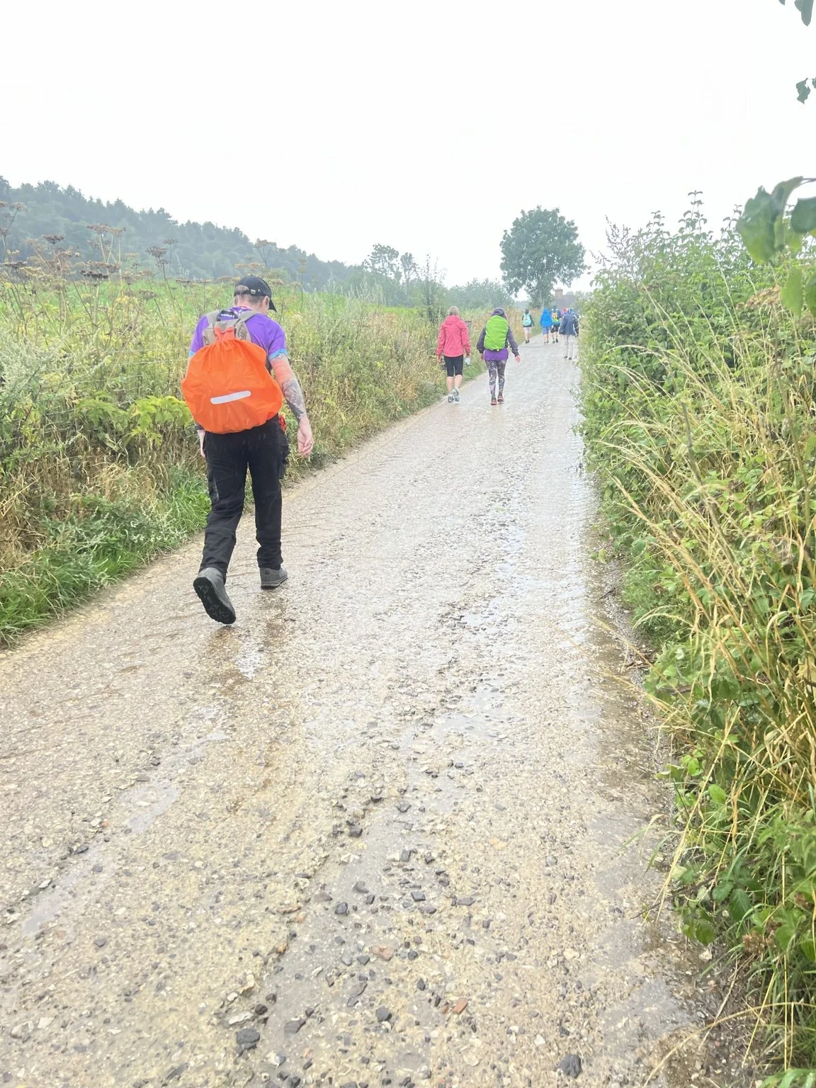 Walkers taking part in a long-distance walking challenge through the countryside
