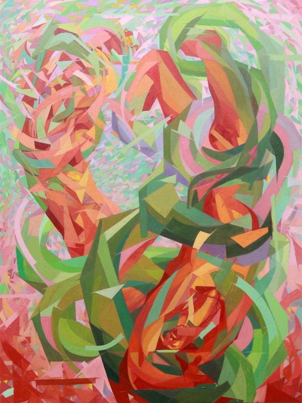 This is a painting of an abstract pattern featuring bright colors and intricate shapes. The background is predominantly pink, with green accents throughout the composition. A variety of leaves are scattered across the canvas in various shades of yell