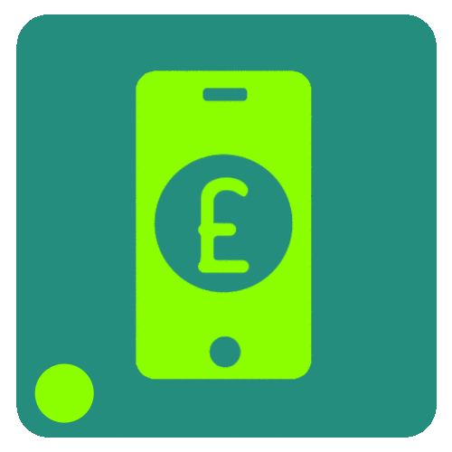 Icon of a mobile phone with a British pound symbol on the screen, set against a background with a small circle in the lower left corner.