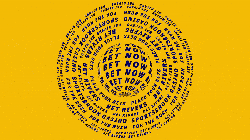 Spiral design with yellow background and blue text promoting betting at Bet RIVERS, casino, sportsbook, sports betting, and racing, with repeated phrases.