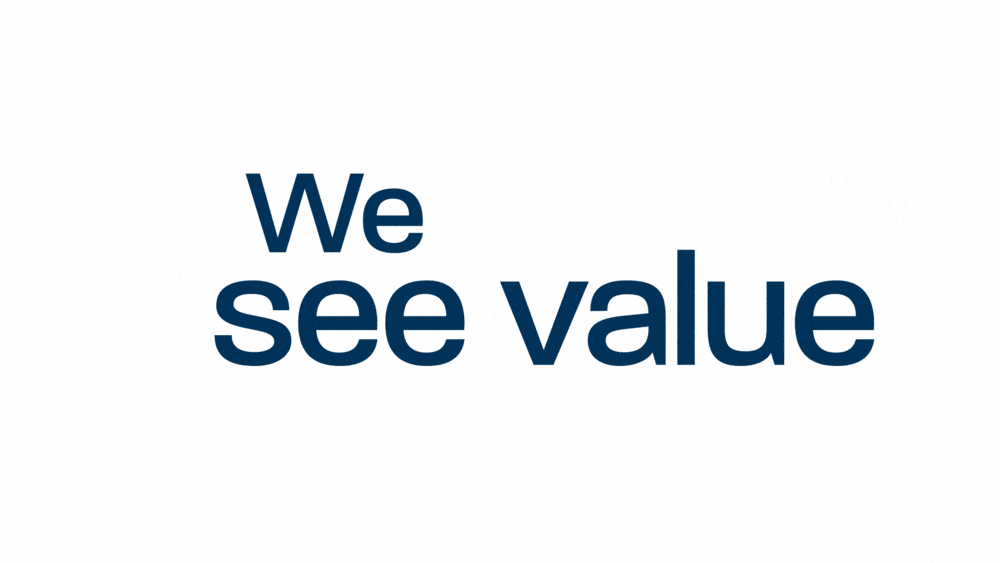 Text on a white background that reads "We see value" in navy blue font.