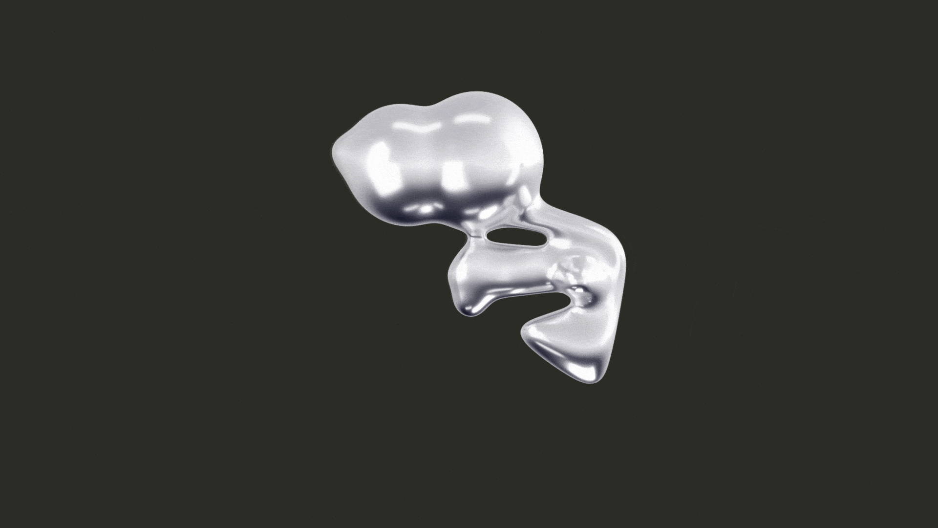 A shiny, metallic, abstract sculpture with smooth, rounded shapes, floating against a black background.