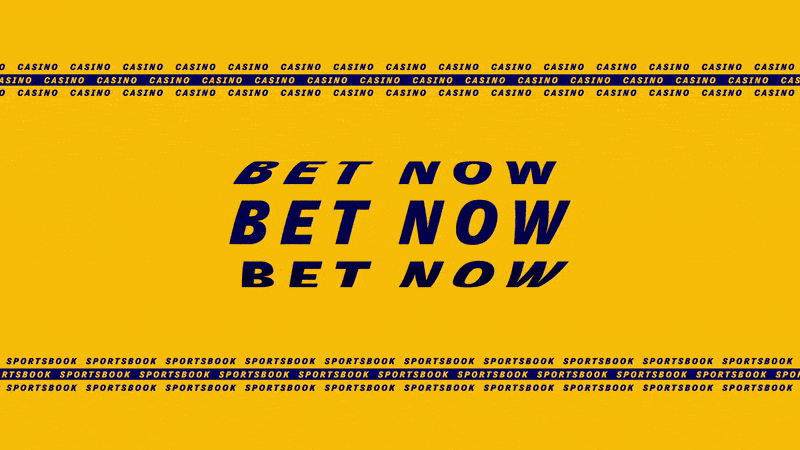 Bright yellow background advertising a casino and sportsbook, with bold blue text saying 'BET NOW' repeated three times in the center. A horizontal strip near the top and bottom features the words 'CASINO' and 'SPORTSBOK' in black and yellow, respect