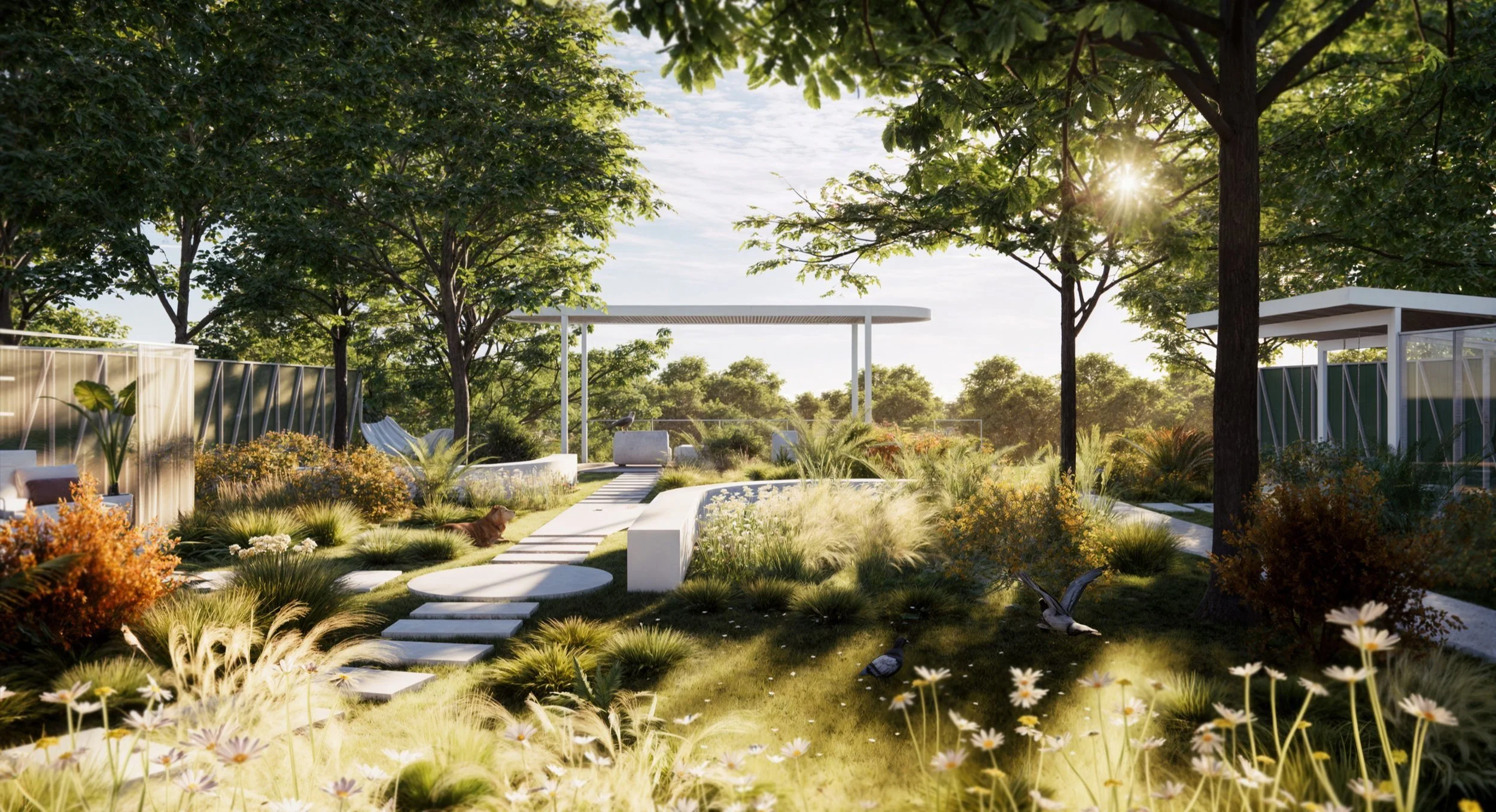 Architectural landscape design featuring a serene lakefront garden with natural elements.
