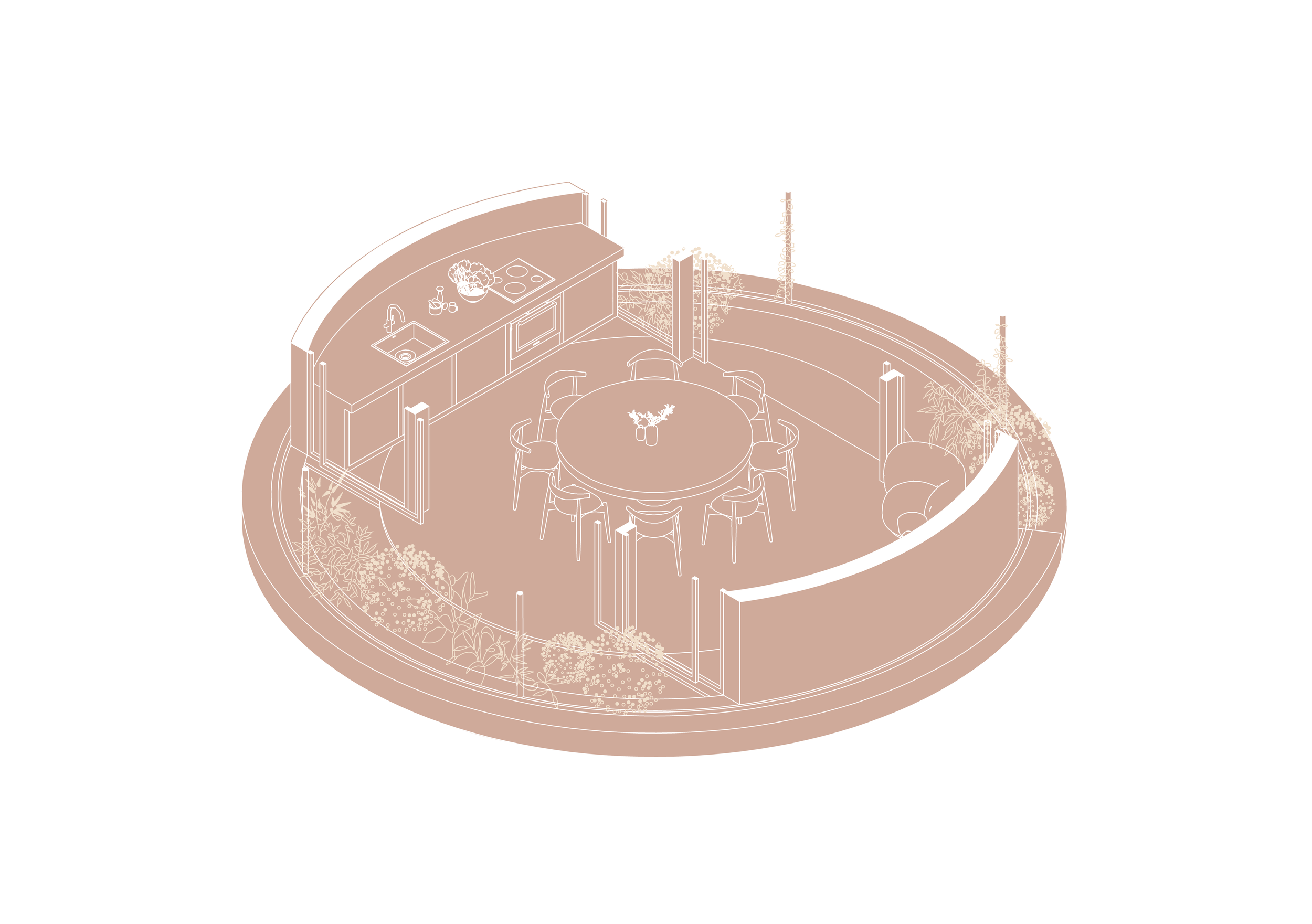 Architectural landscape design featuring a serene lakefront garden with natural elements and lounge areas.