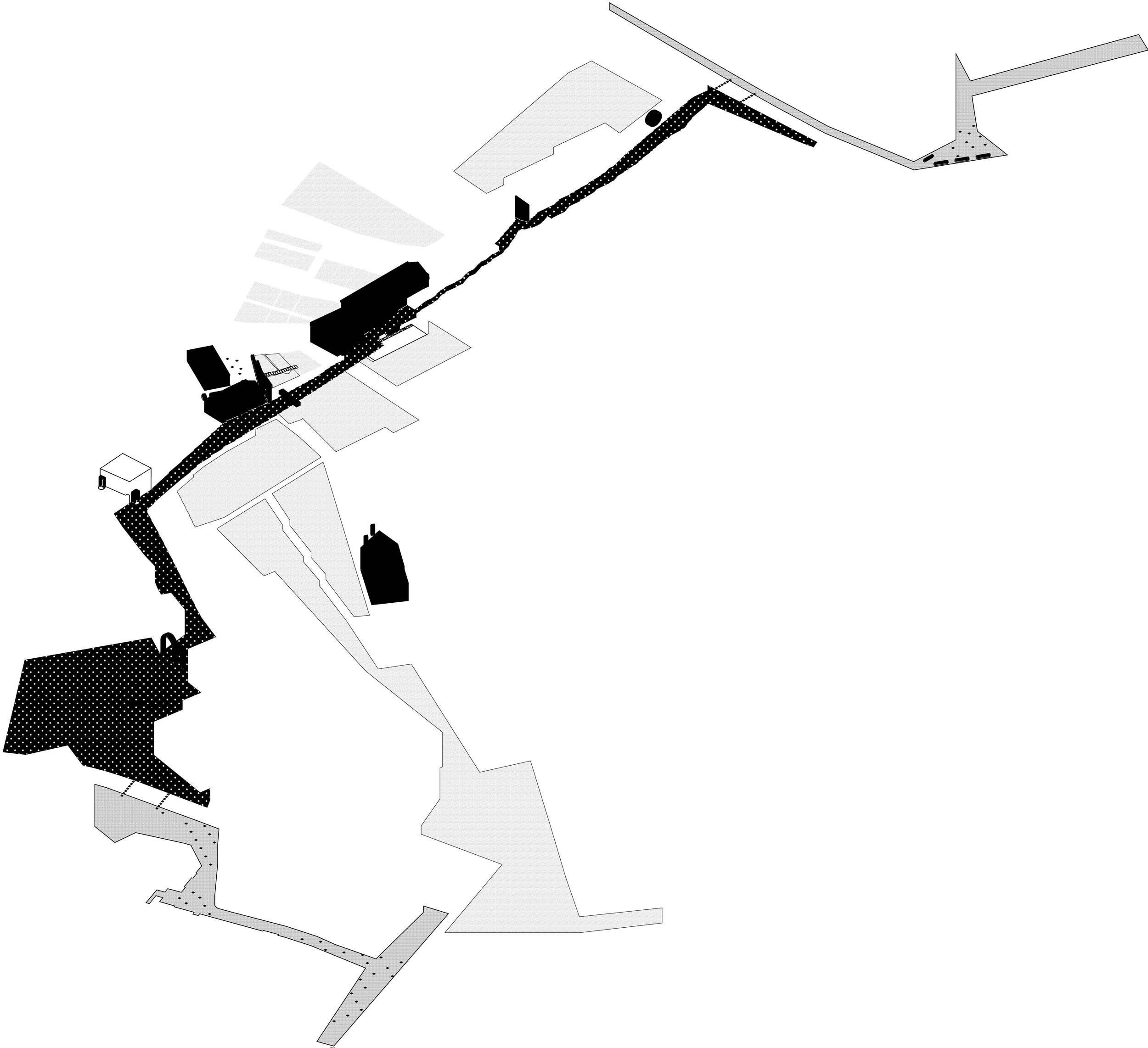 A monochrome map showing a layout of buildings, pathways, and roads with various black, white, and gray shapes and textures, some areas dotted or shaded.