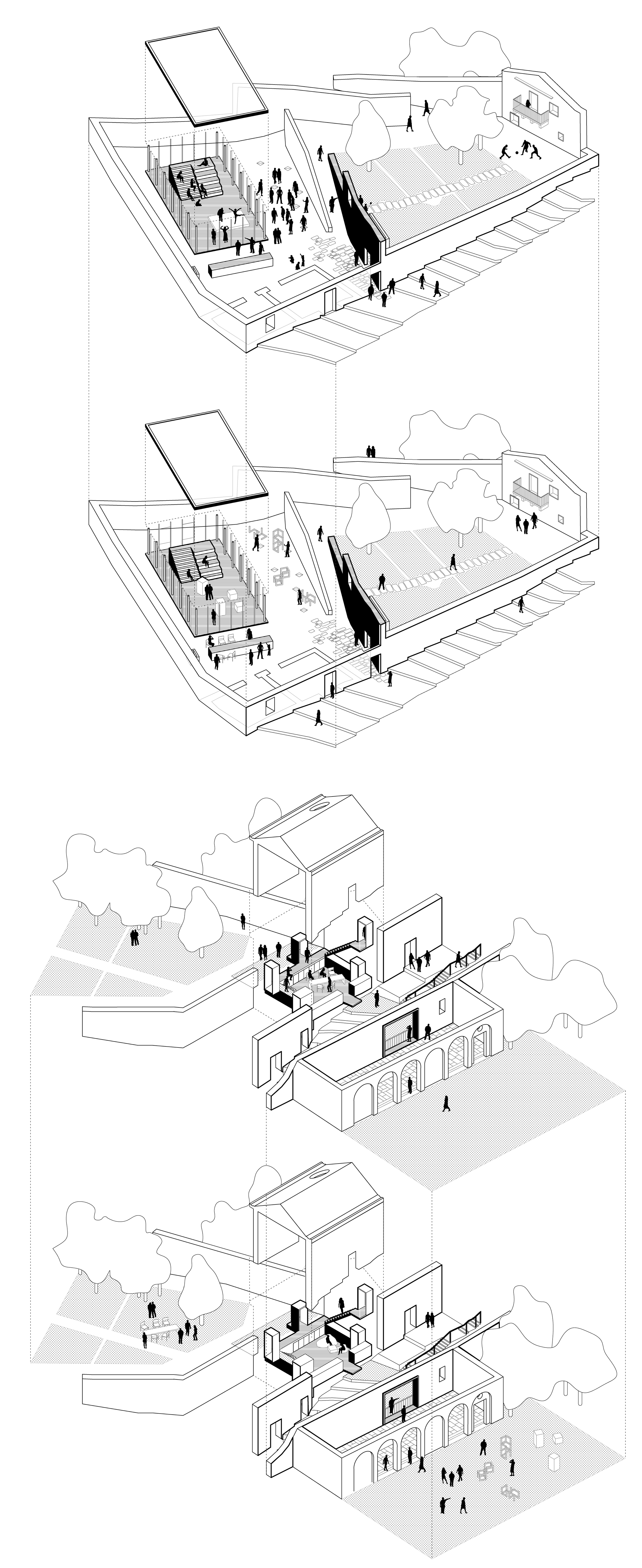 Diagram of a multi-level architectural design with various rooms, staircases, outdoor areas, trees, and small human figures indicating activity.