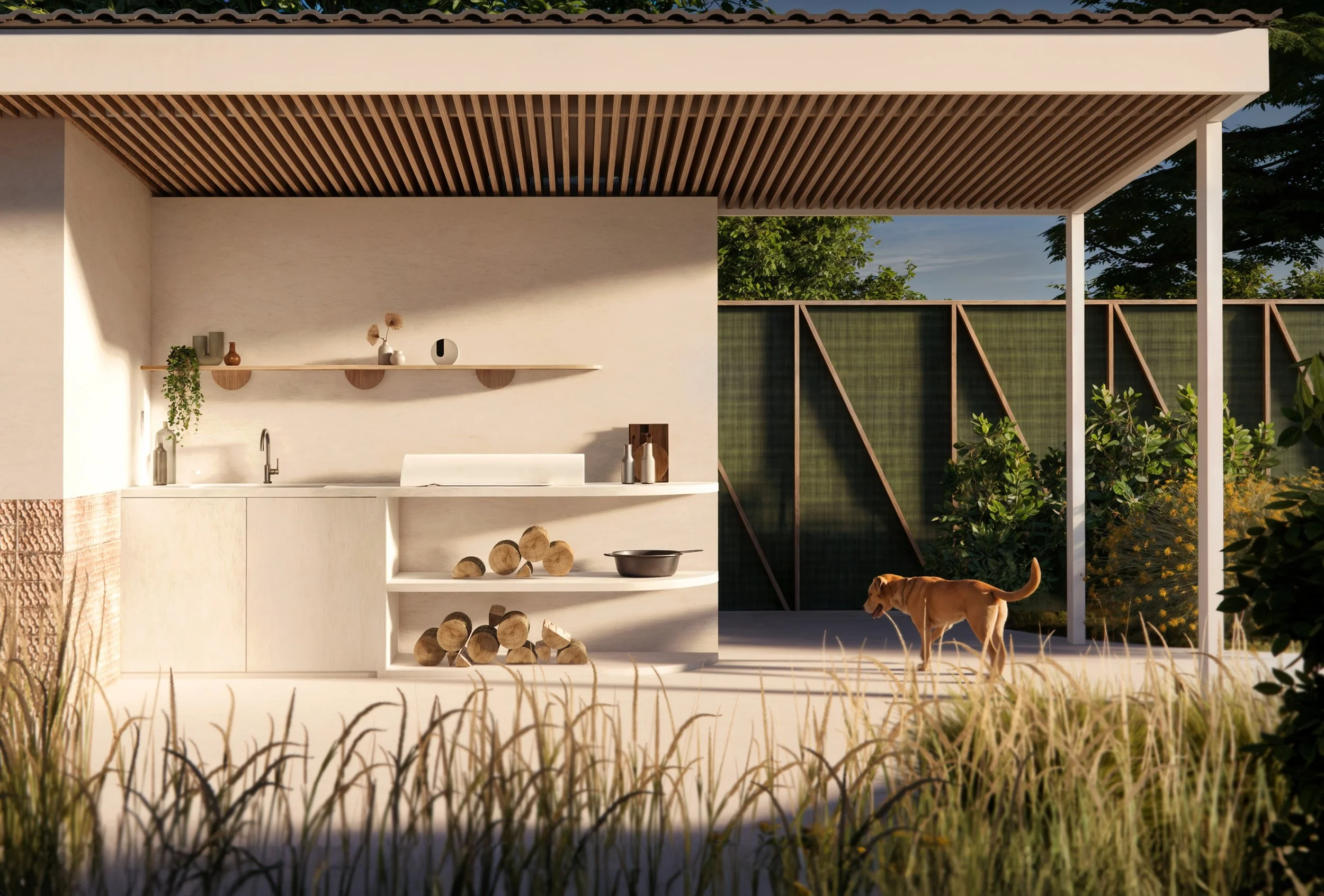 Architectural landscape design featuring a serene lakefront garden with natural elements and lounge areas.