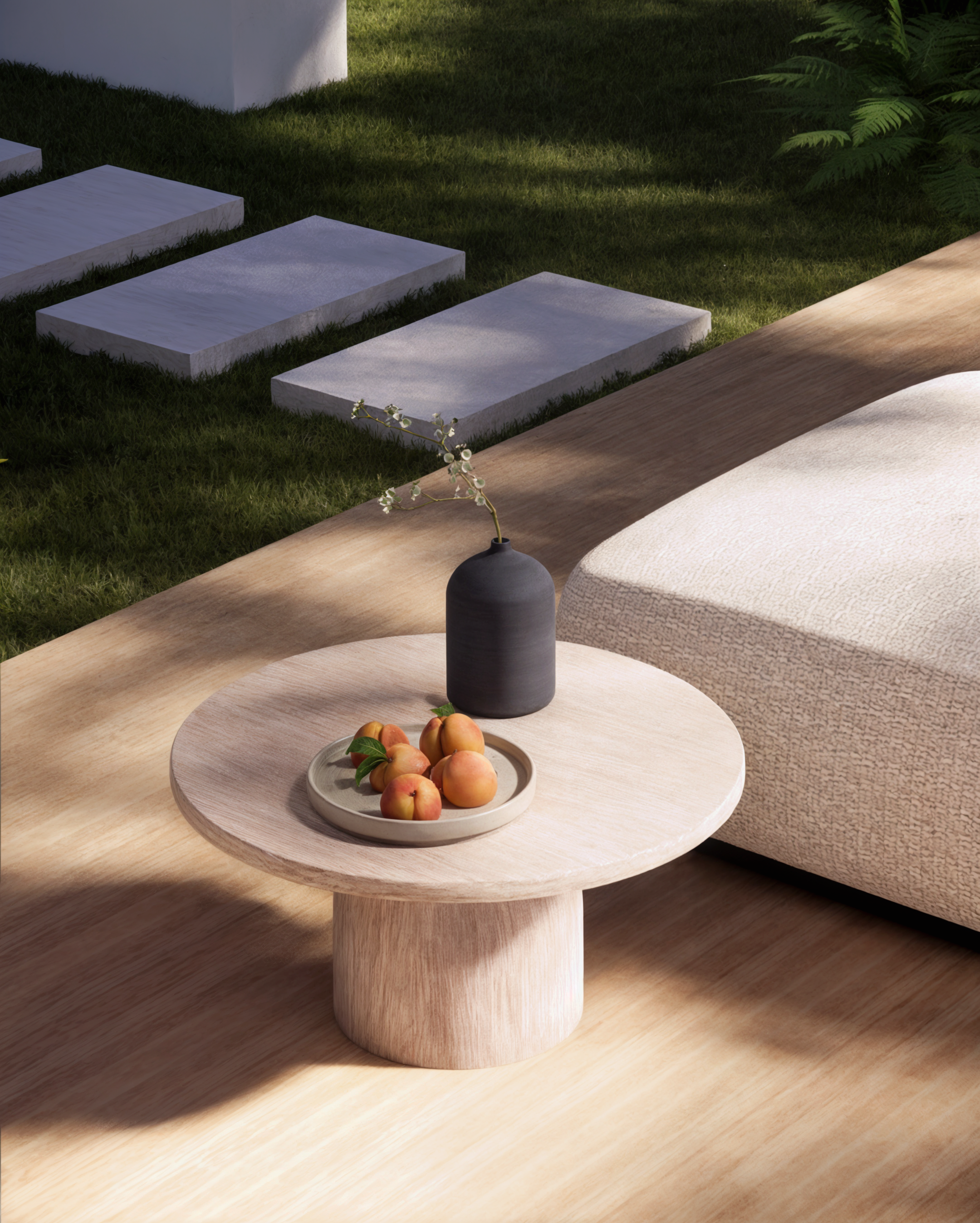 Architectural landscape design featuring a serene lakefront garden with natural elements and lounge areas.