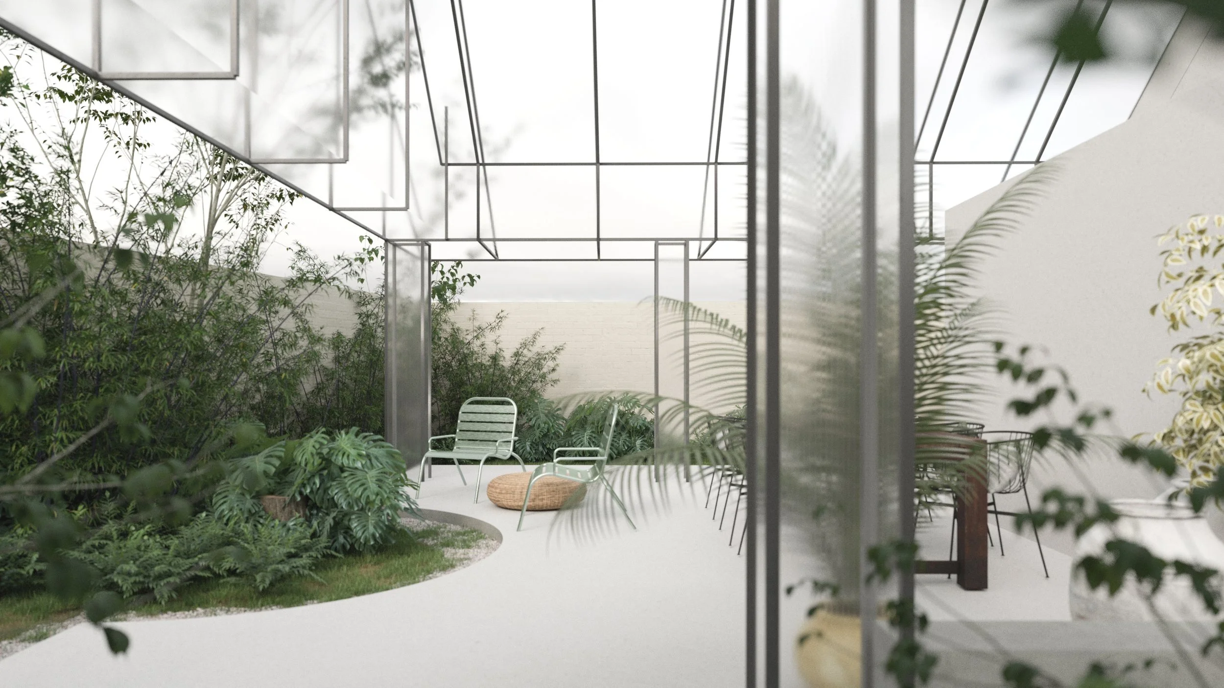 Modern minimalist garden with glass partitions, metal frame construction, and outdoor seating. Architectural visualization of a tranquil outdoor living space.