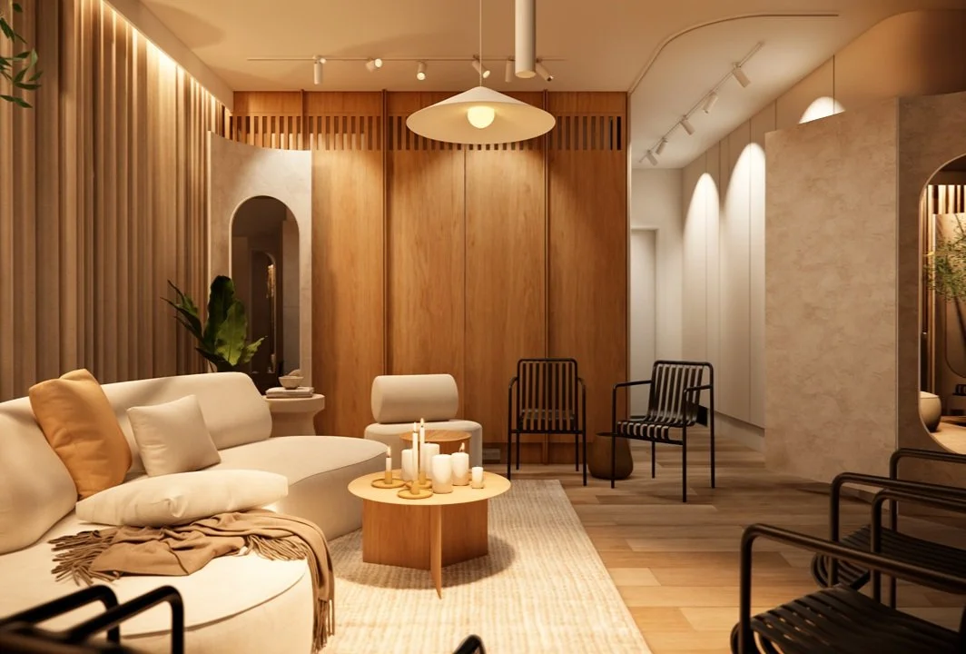 Design interior cabinet psihoterapie: culori calde, mobilier ergonomic și atmosferă liniștitoare.