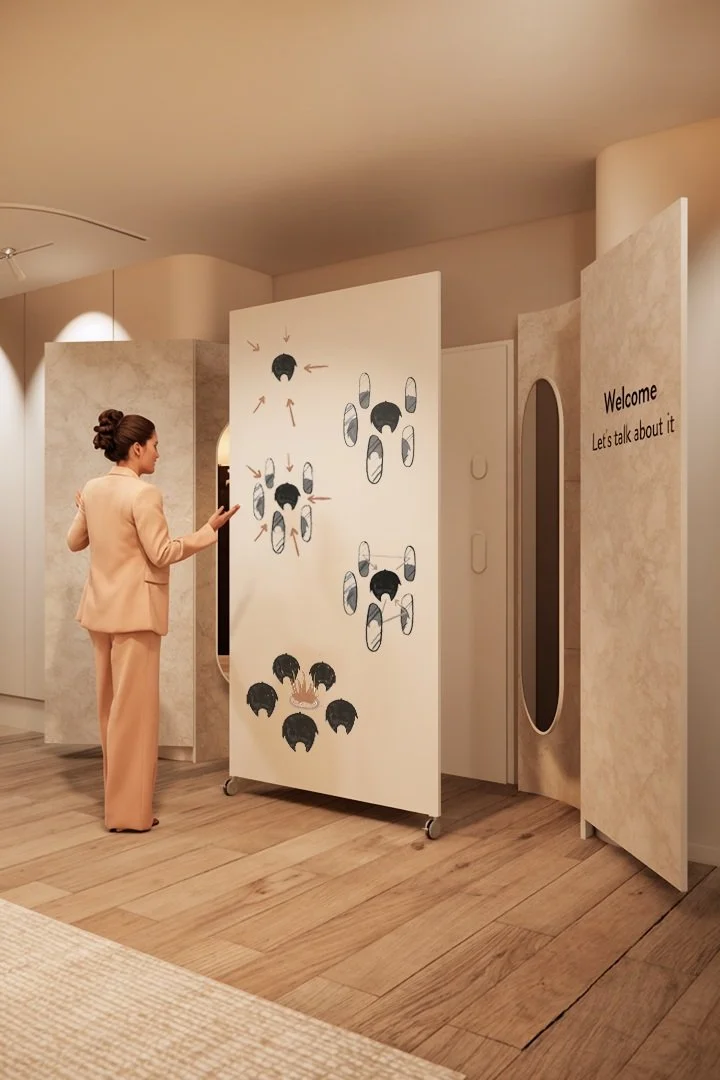 Design interior cabinet psihoterapie: culori calde, mobilier ergonomic și atmosferă liniștitoare.