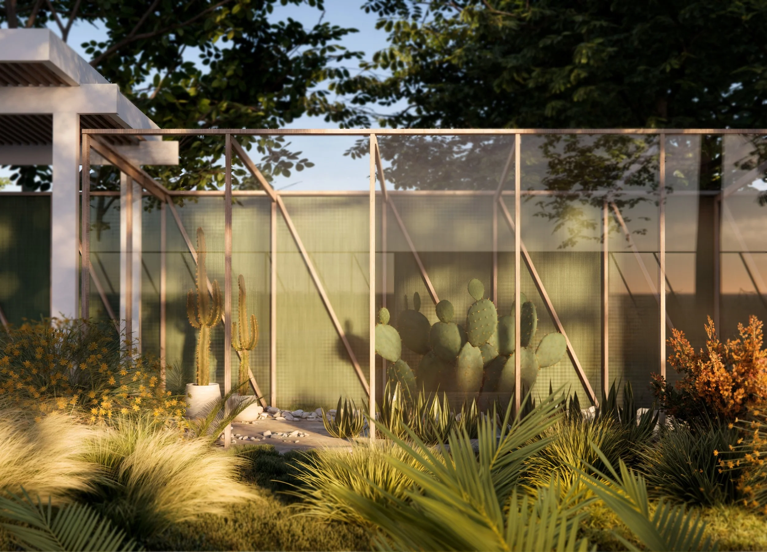 Architectural landscape design featuring a serene lakefront garden with natural elements and lounge areas.