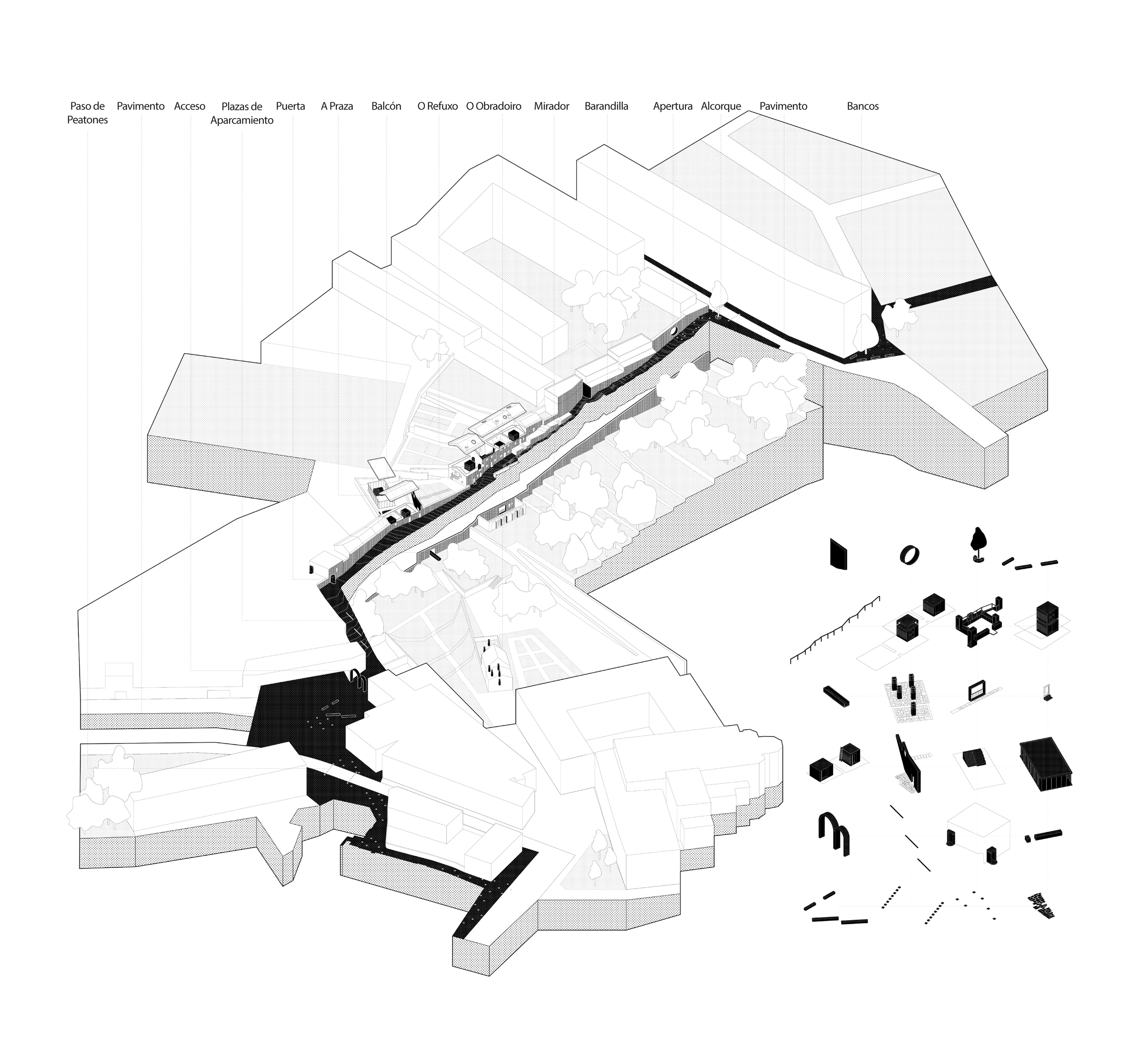 Black and white isometric architectural diagram of a park or public space with labeled features such as pedestrian walkways, parking lots, gates, plazas, and benches. The diagram includes an exploded view of components on the lower right.