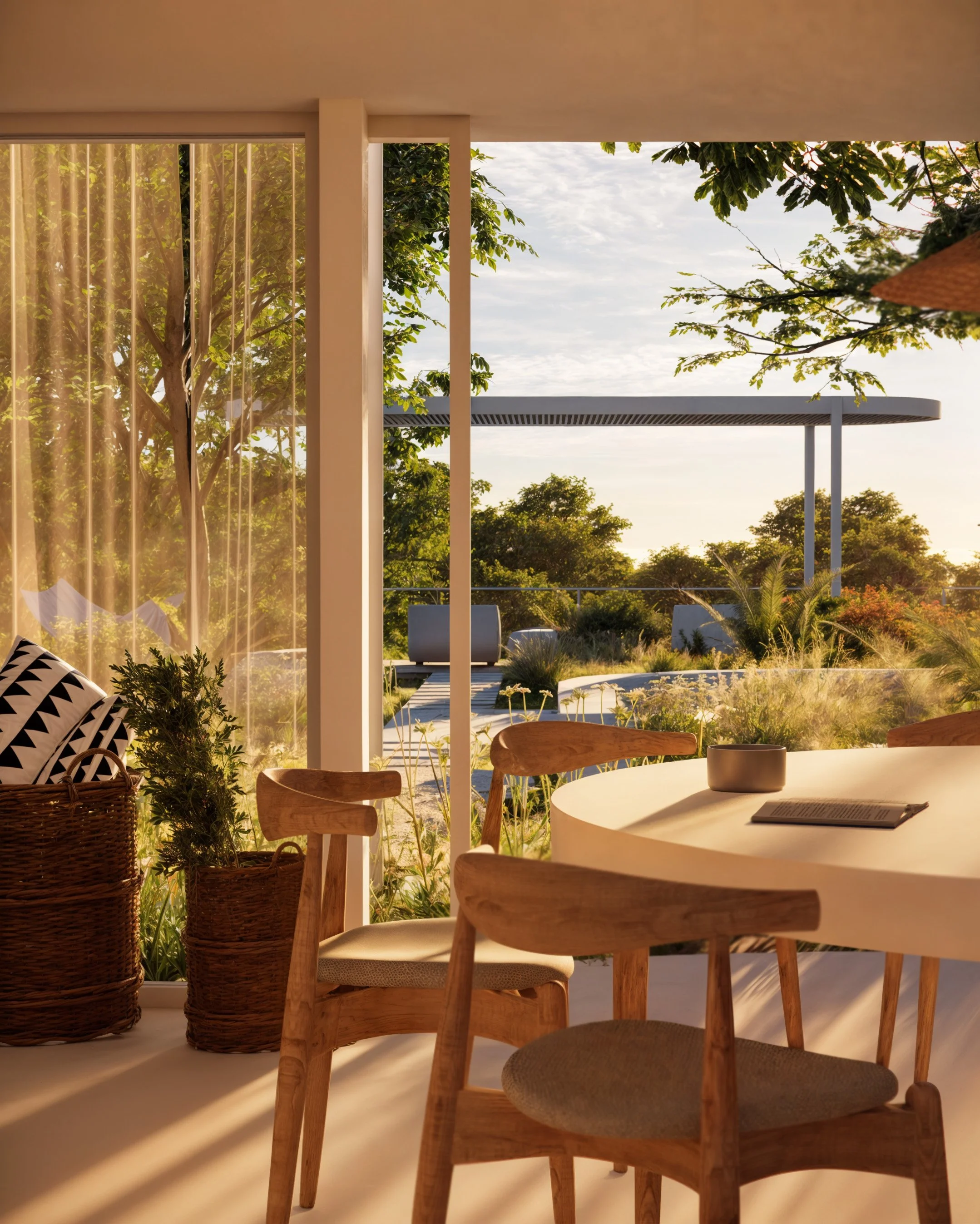 Architectural landscape design featuring a serene lakefront garden with natural elements and lounge areas.