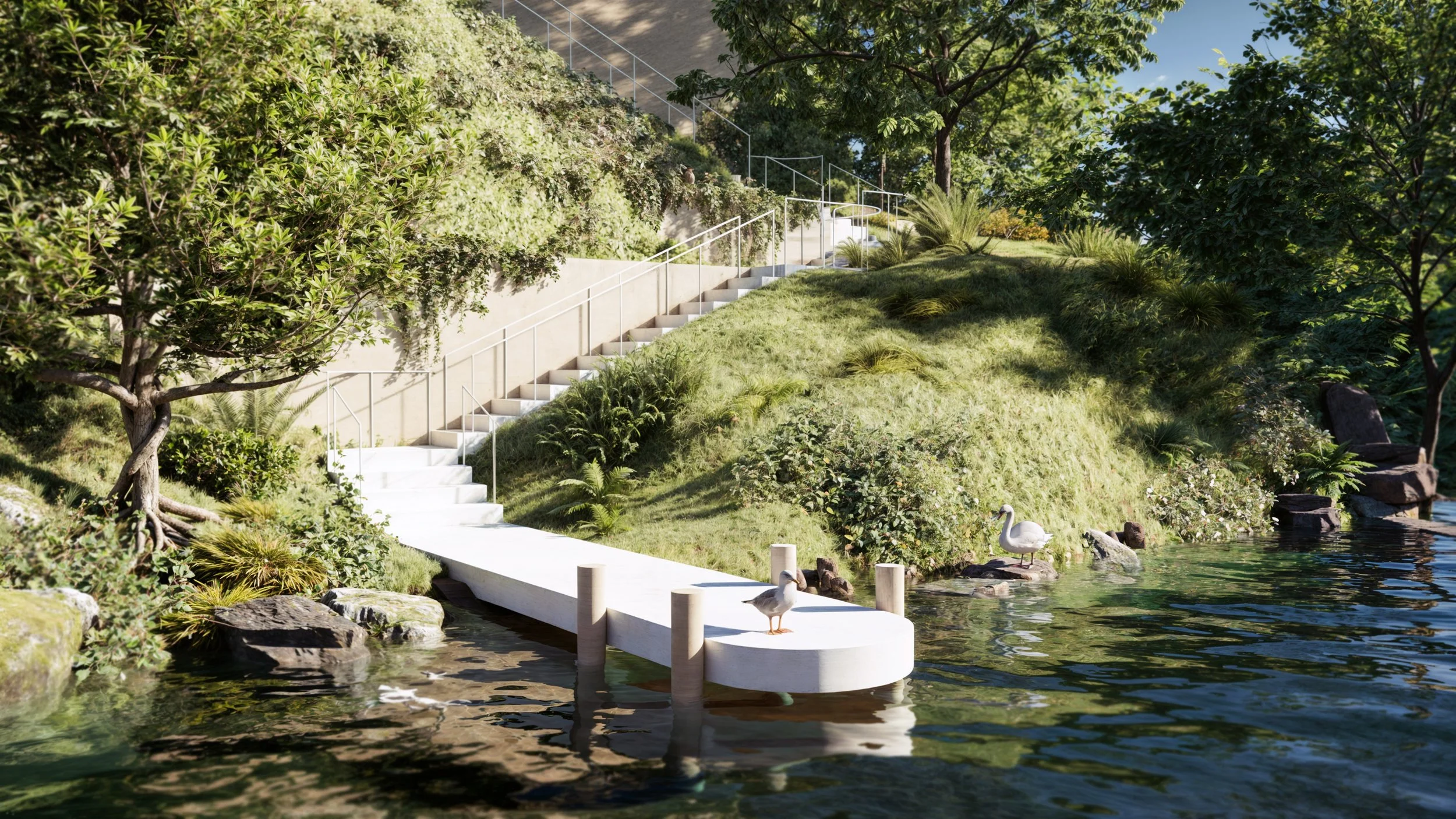 Architectural landscape design featuring a serene lakefront garden with natural elements and lounge areas.