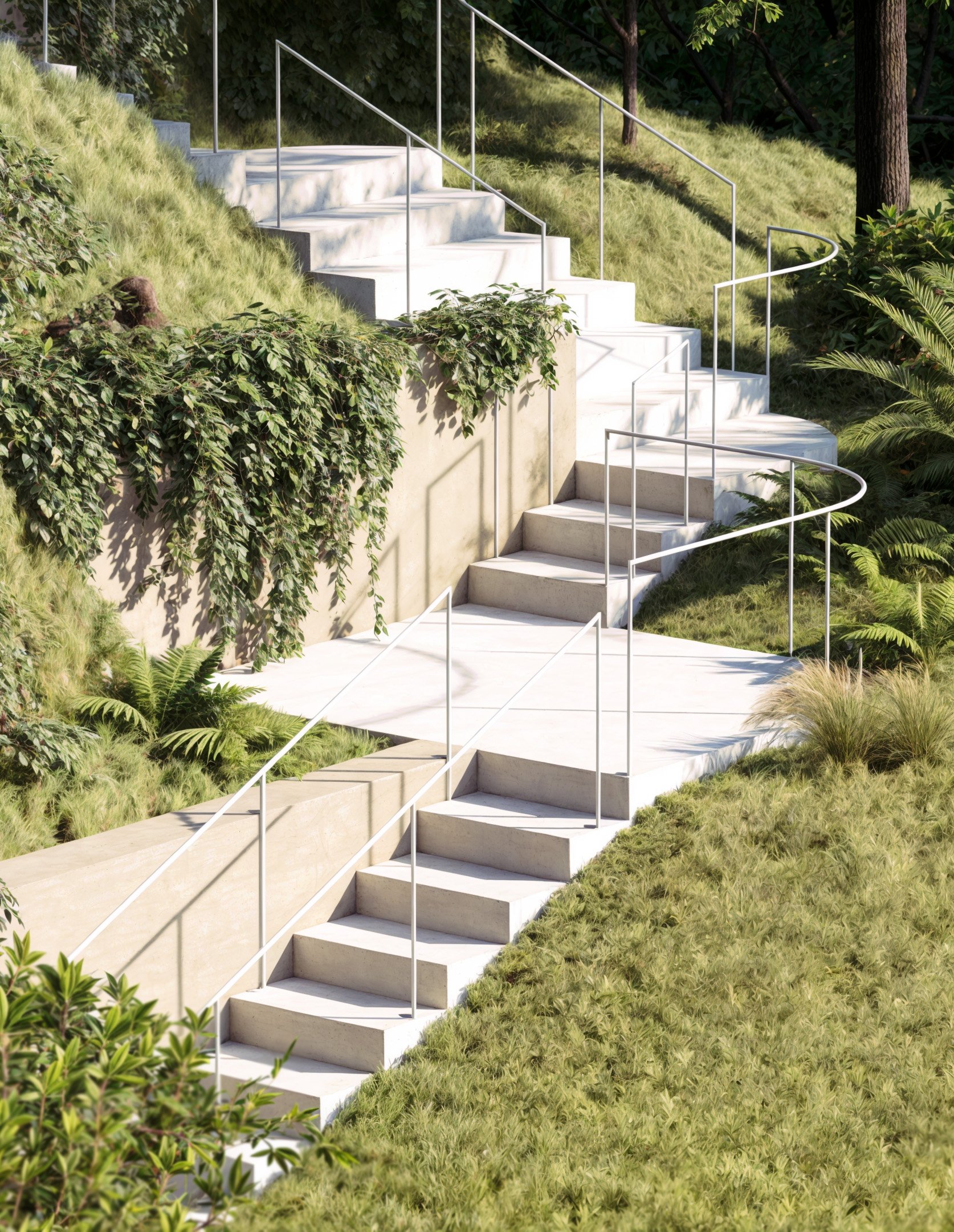 Architectural landscape design featuring a serene lakefront garden with natural elements and lounge areas.