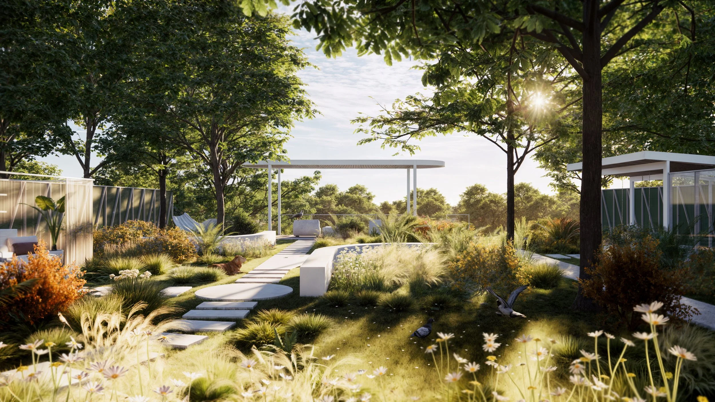 Architectural landscape design featuring a serene lakefront garden with natural elements and lounge areas.