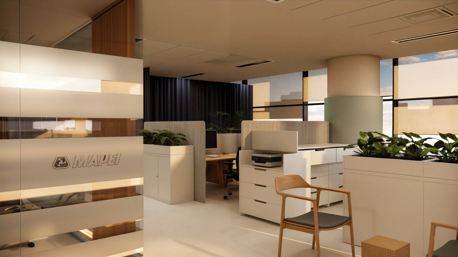 Transformed office space at Mapei Headquarters, featuring innovative relaxation areas and collaborative workspaces.