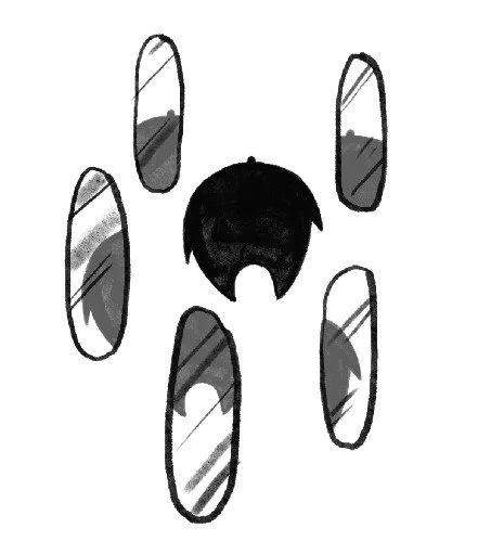 A black drawing of a person's head with four elongated oval mirror shapes surrounding it.
