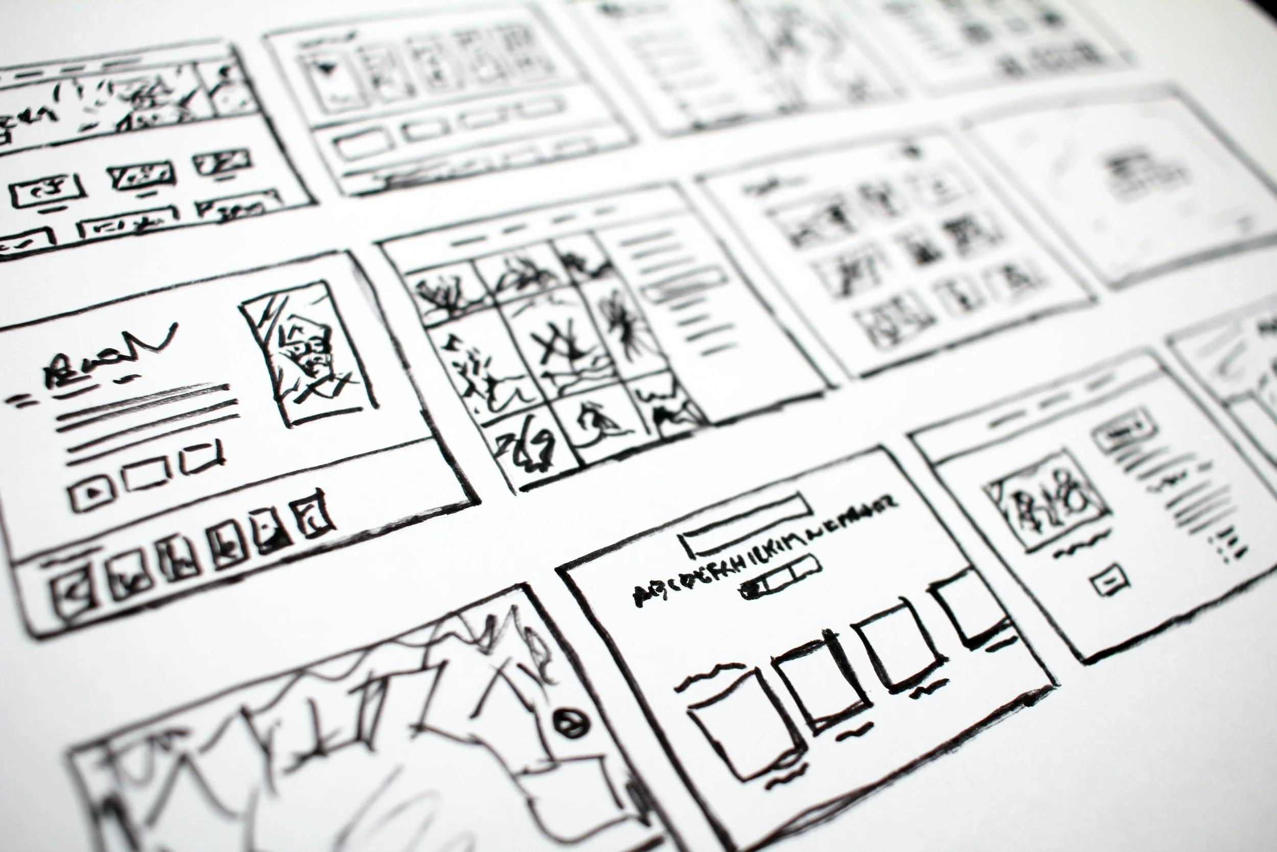 Black marker sketches of web page wireframes on white paper, including layouts for images, text, and navigation elements.