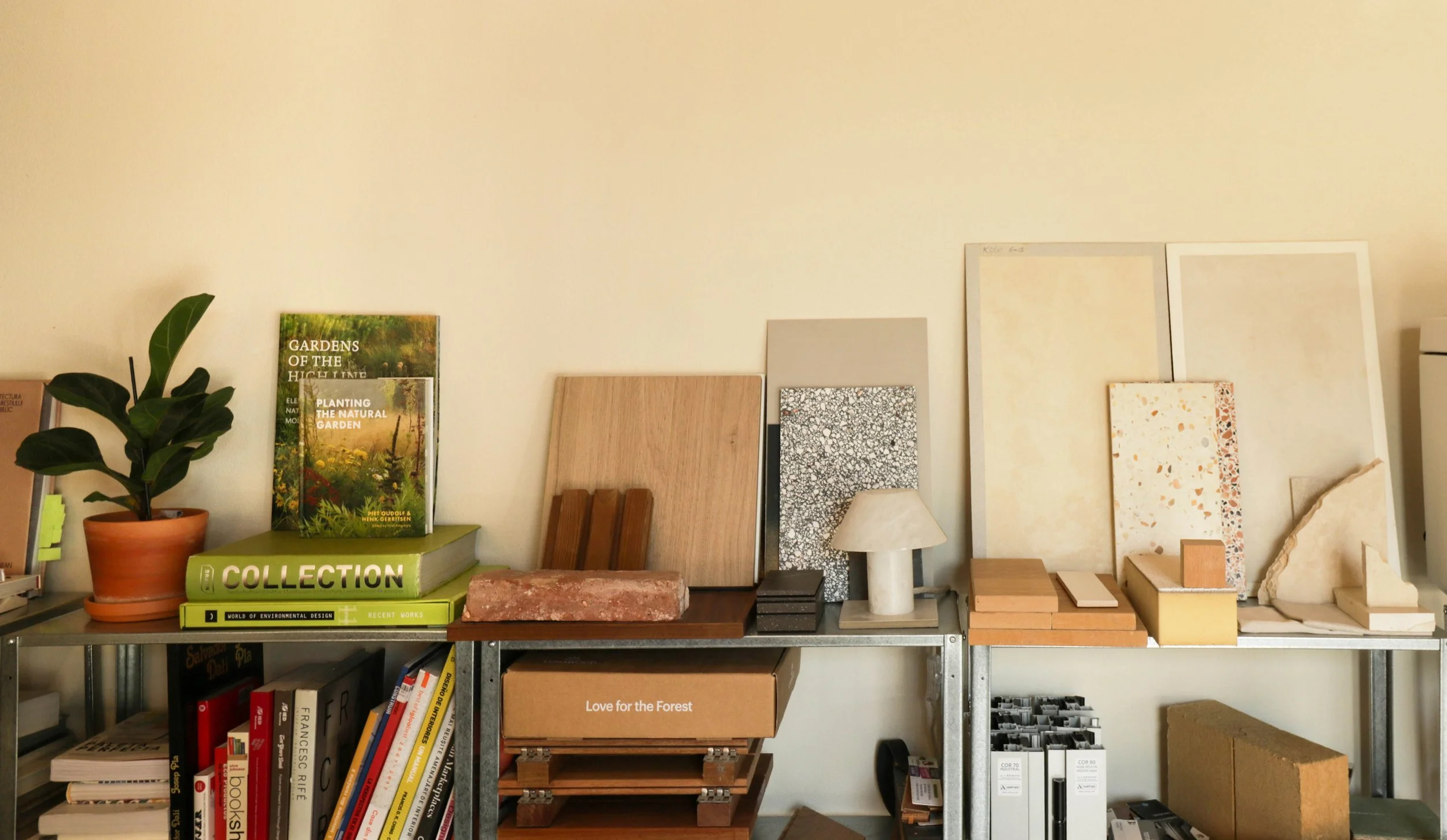 Material samples and design catalogues in the NNFTM architecture and interior design studio