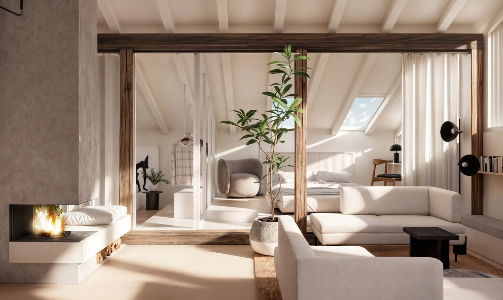 Modern residential area created from a historic attic renovation, showcasing stylish design