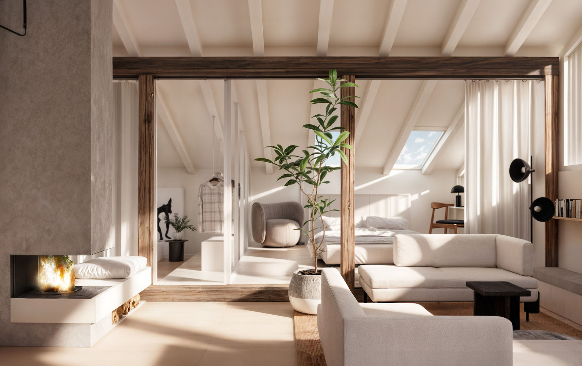 Modern multifunctional residential area created from a historic attic renovation, showcasing innovative interior design.