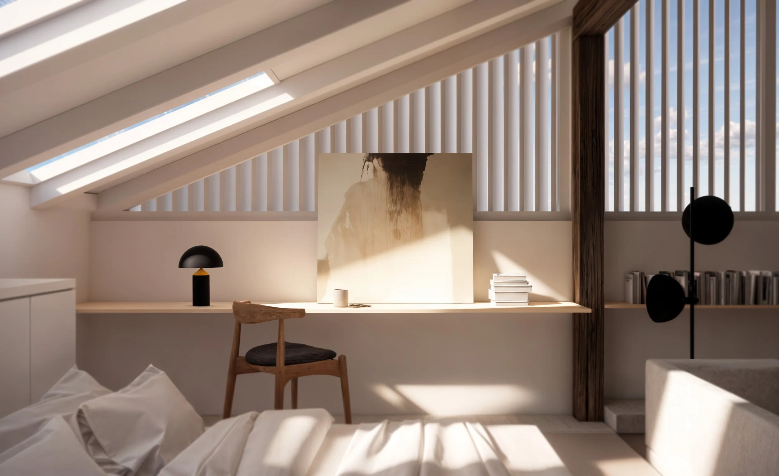 Modern multifunctional residential area created from a historic attic renovation, showcasing innovative interior design.