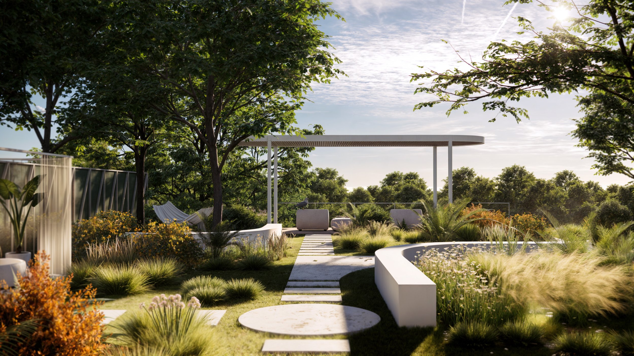 Architectural landscape design featuring a serene lakefront garden with natural elements and lounge areas.