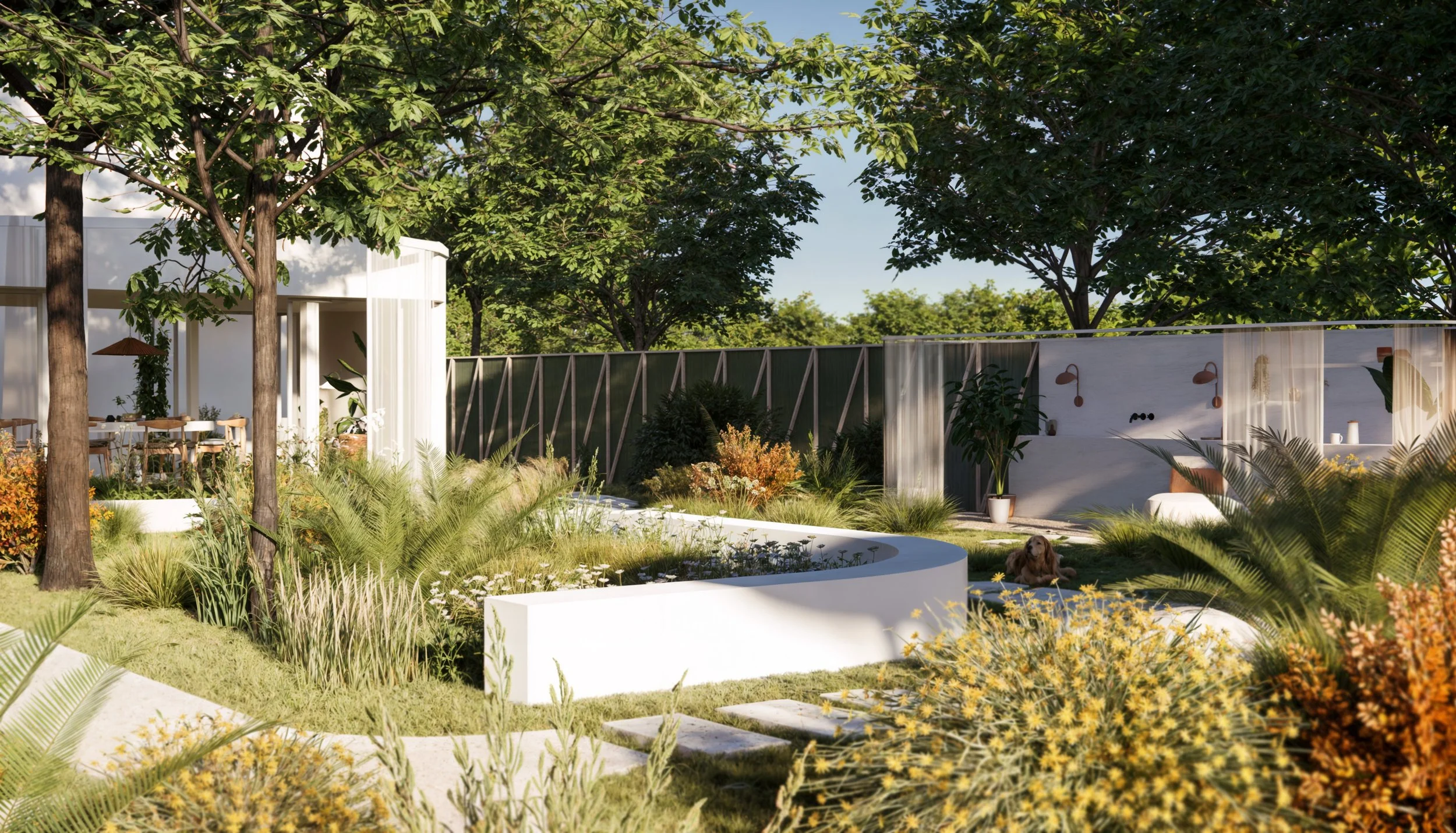 Architectural landscape design featuring a serene lakefront garden with natural elements and lounge areas.