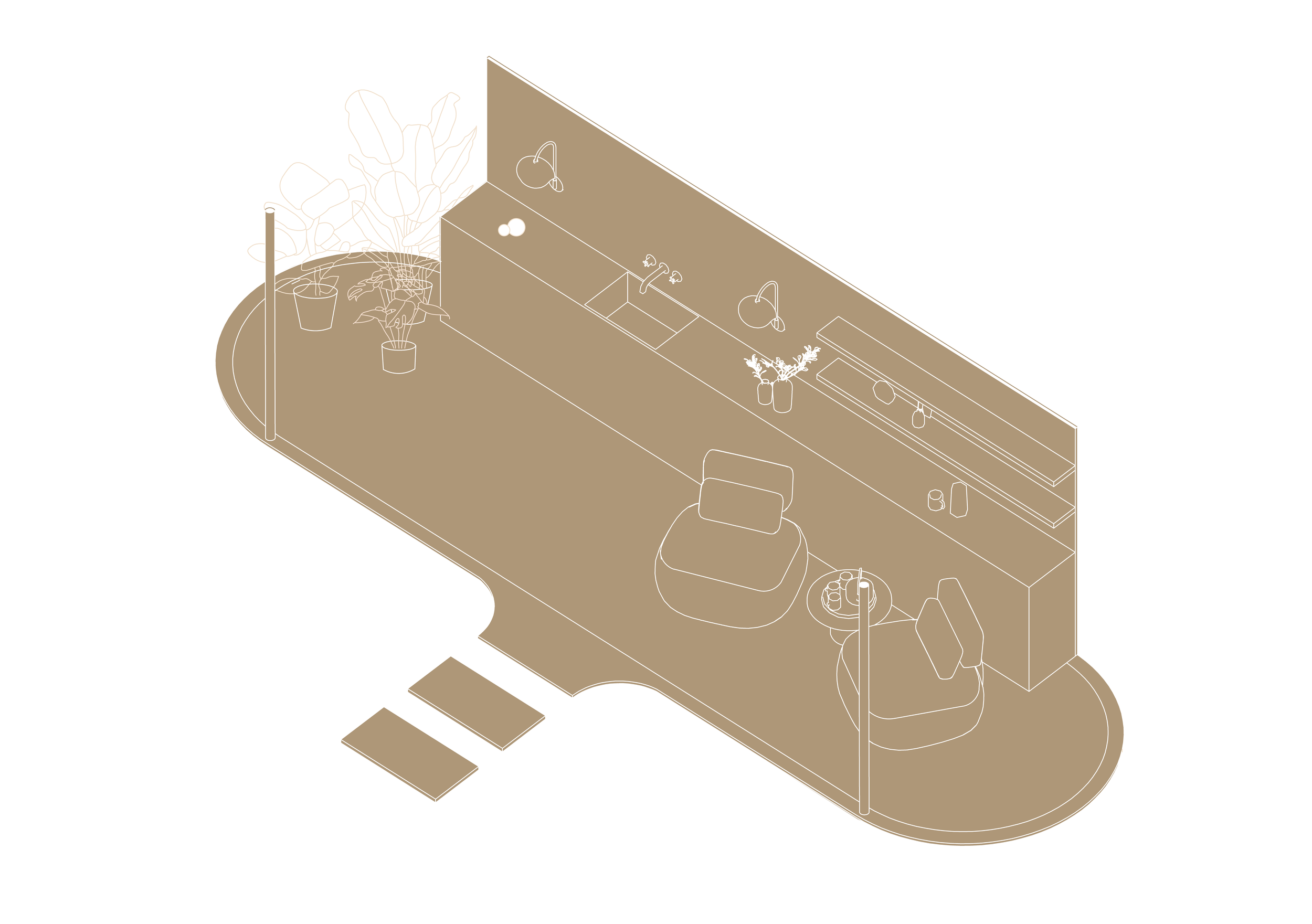 Architectural landscape design featuring a serene lakefront garden with natural elements and lounge areas.