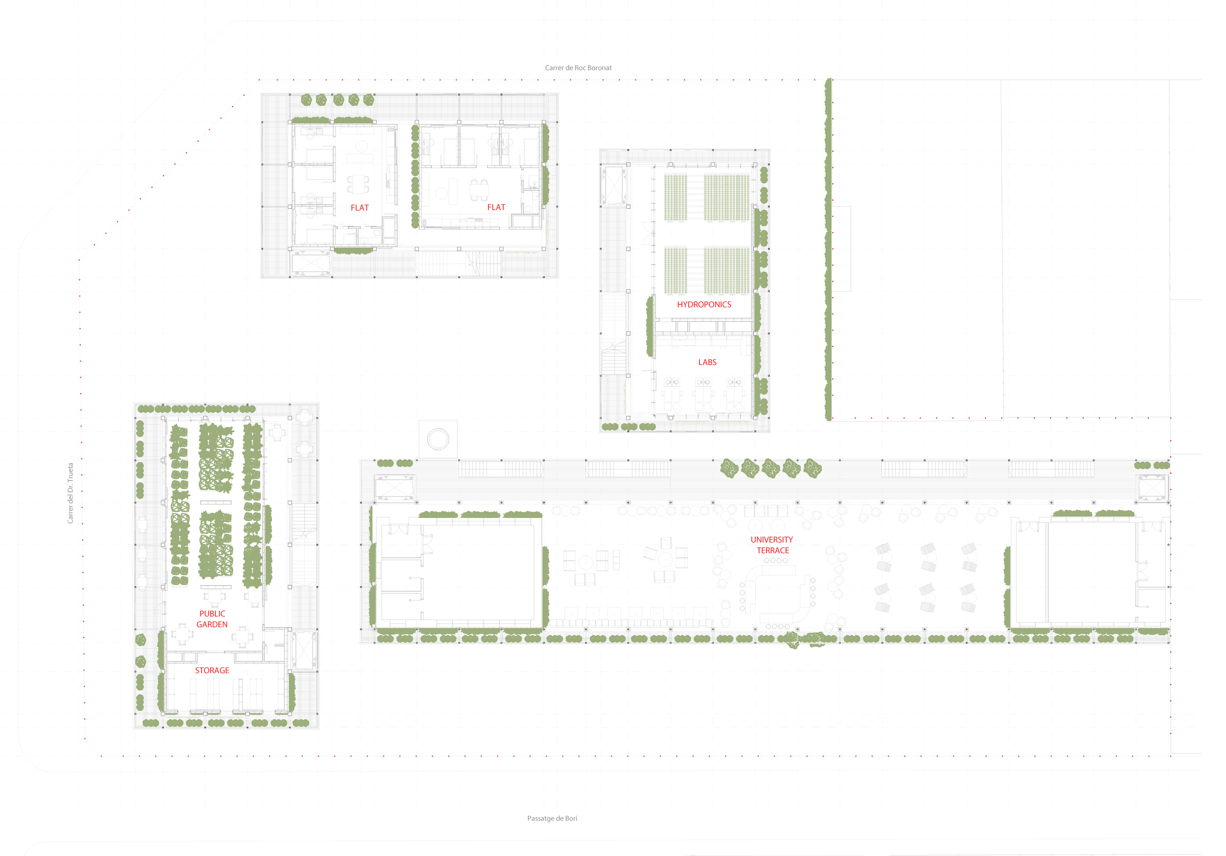 Botanic University Campus and Public Garden architecture project, featuring diverse spaces and sustainable technologies for community interaction.