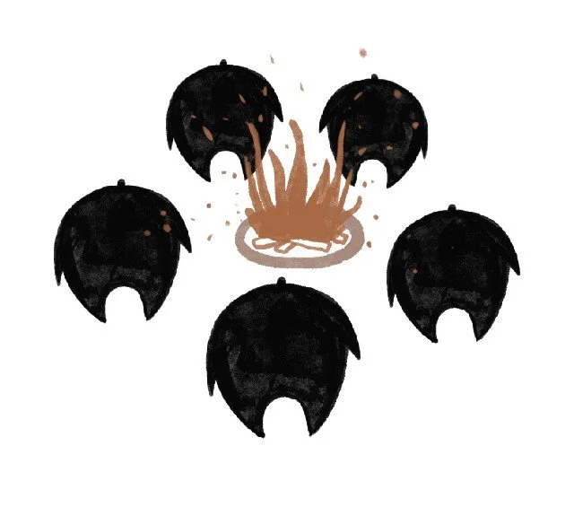 Five black hair wigs arranged in a circle around a central pile of brown hair.