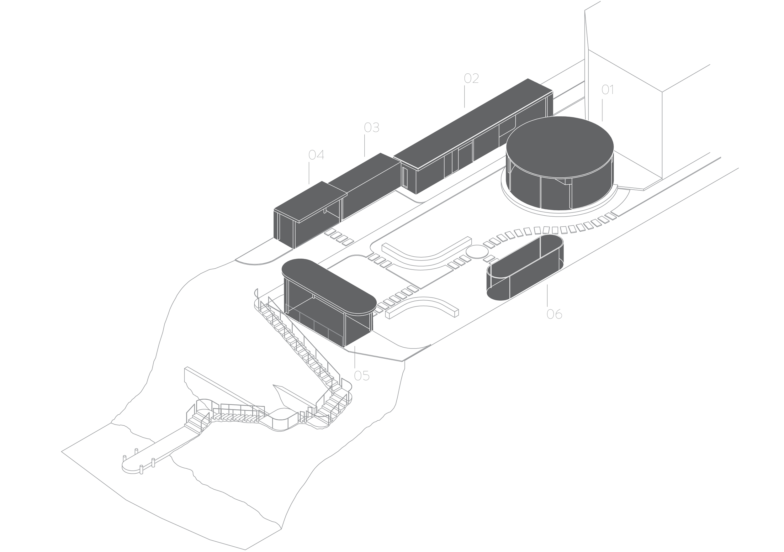 Architectural landscape design featuring a serene lakefront garden with natural elements and lounge areas.
