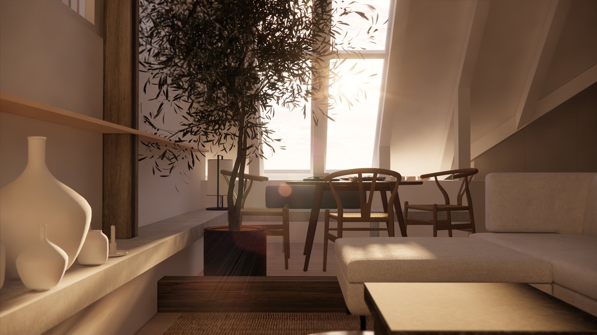 Modern multifunctional residential area created from a historic attic renovation, showcasing innovative interior design.