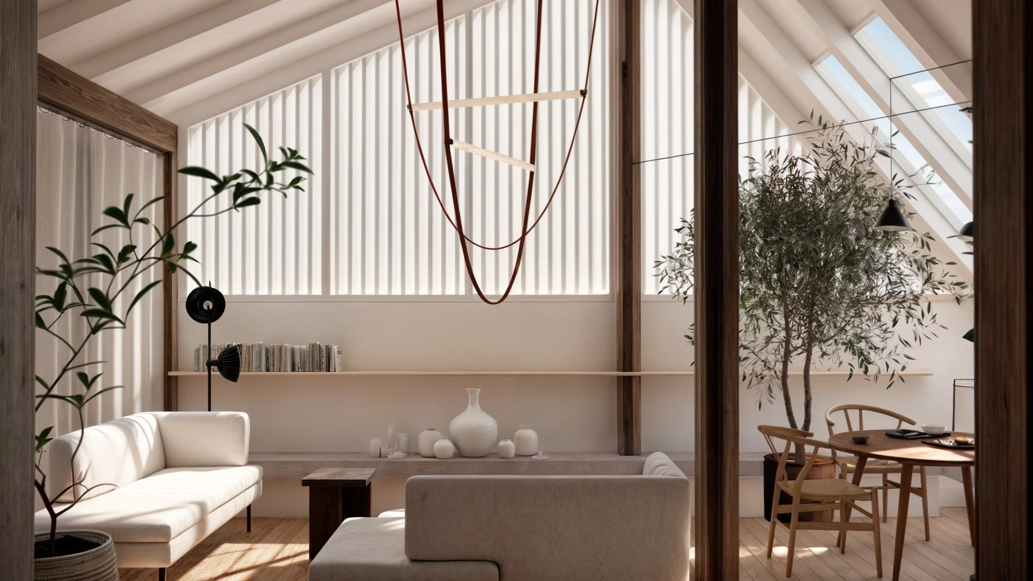 Modern multifunctional residential area created from a historic attic renovation, showcasing innovative interior design.